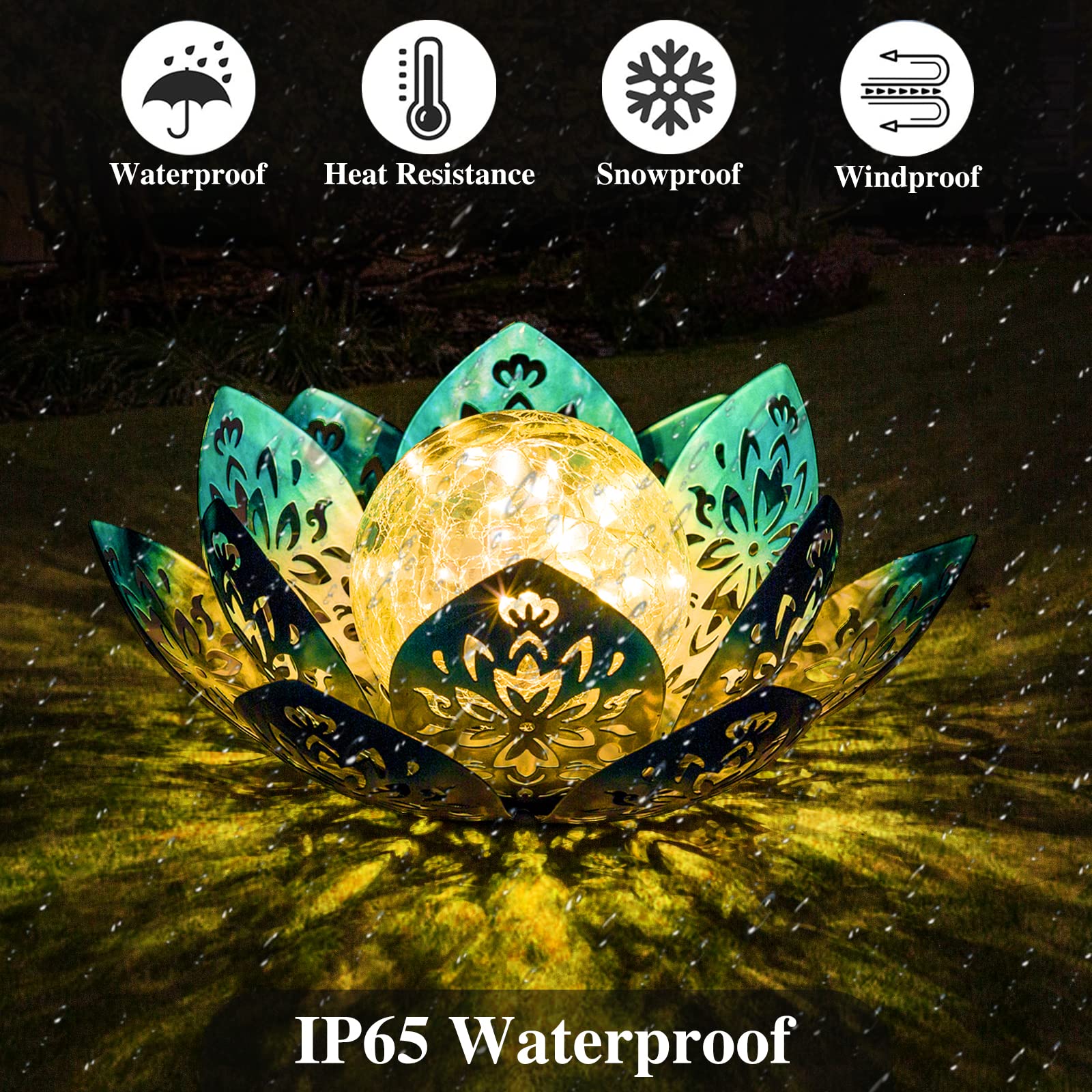 Huaxu Solar Lights Outdoor Decorative - Bright Blue Lotus Flower Table Lamp, Glass Globe 30 Led Waterproof Metal Decorations Gif