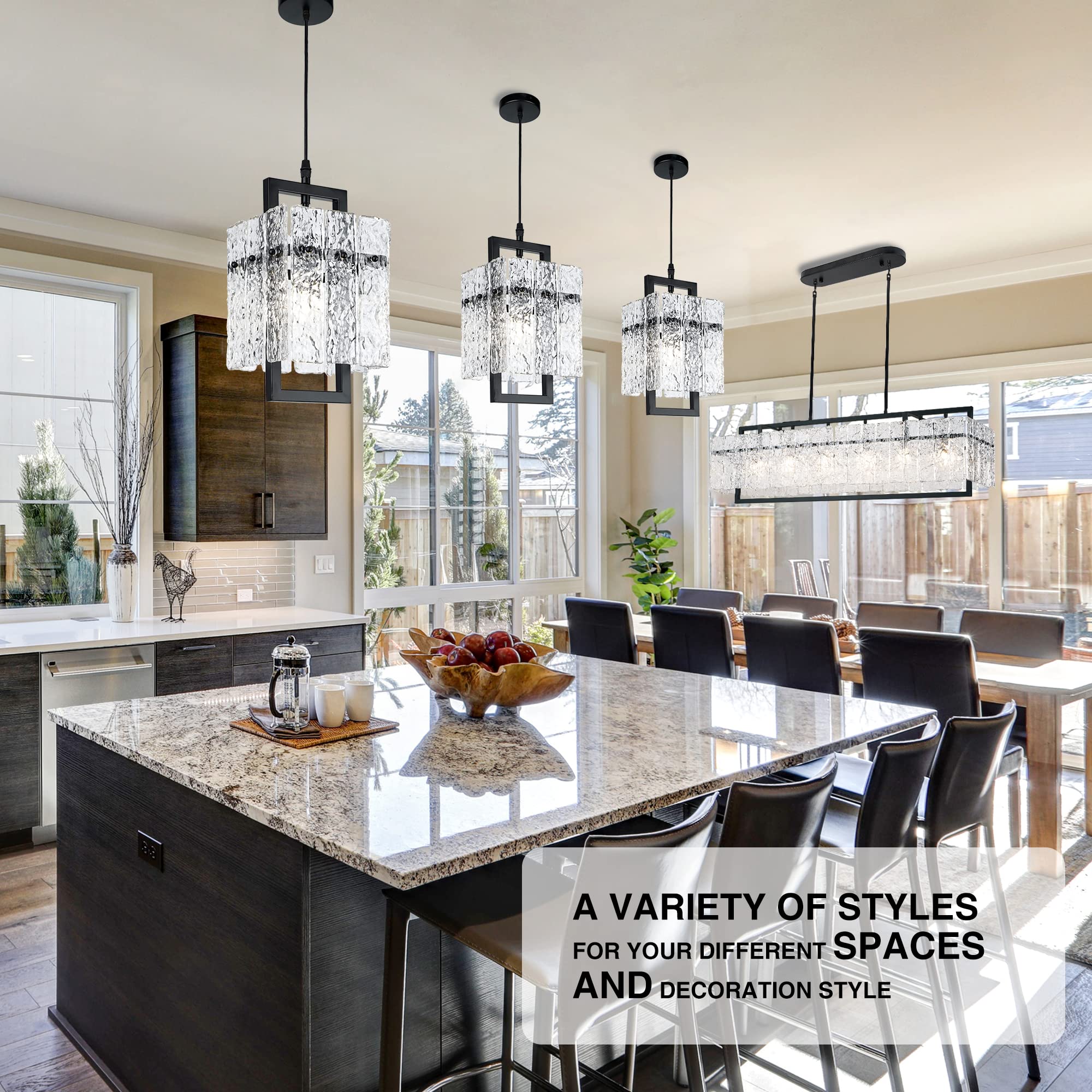 Black Crystal Pendant Light For Kitchen Island, Luxury Water Ripple Glass Chandelier Lights Fixture, Modern Elegant Adjustable P