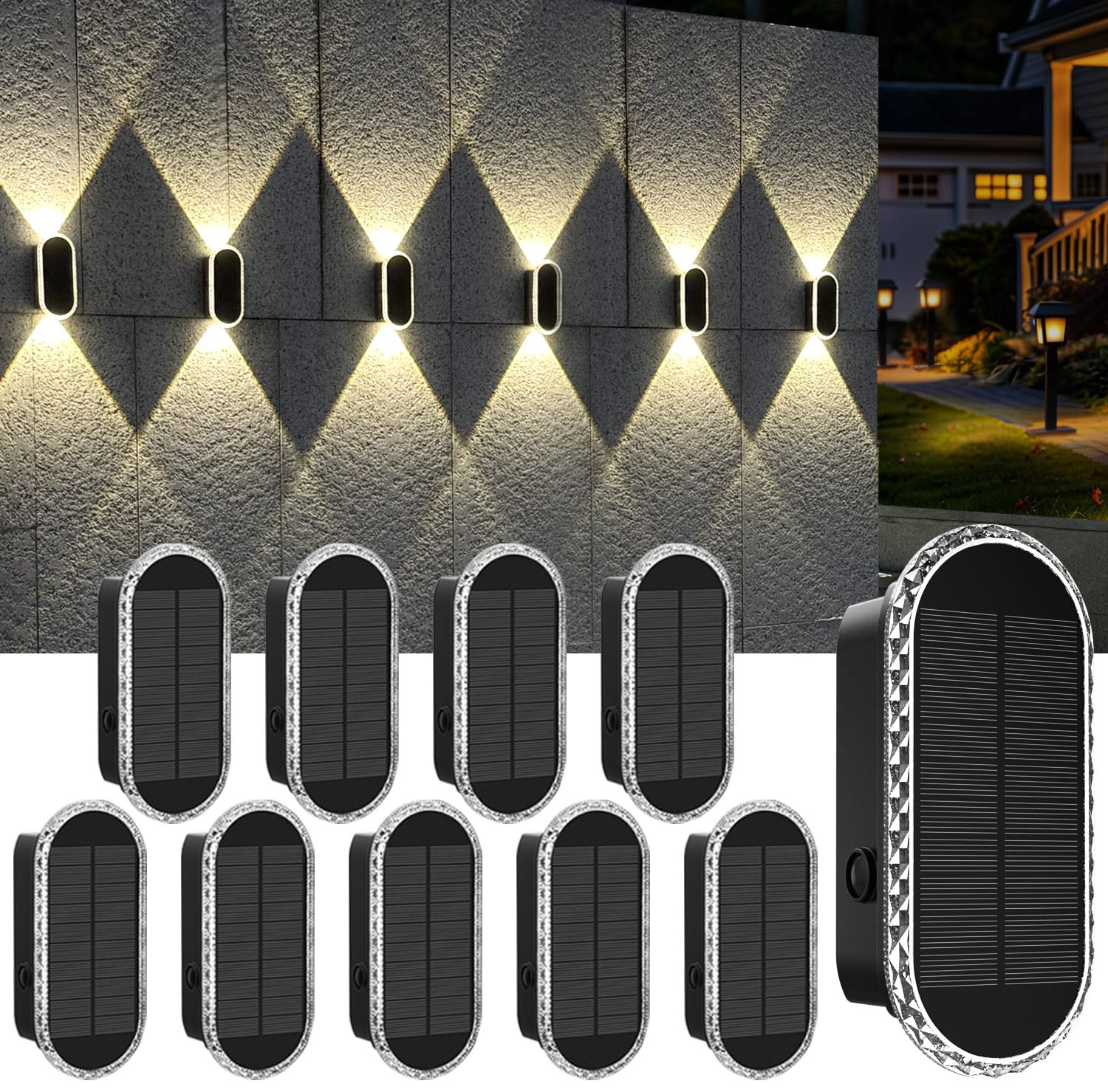 BlueYang Solar Fence Lights, Waterproof Up&Down Dual-Head, 3000/4000/6000K, 10PK, Model 2403-10pk-W