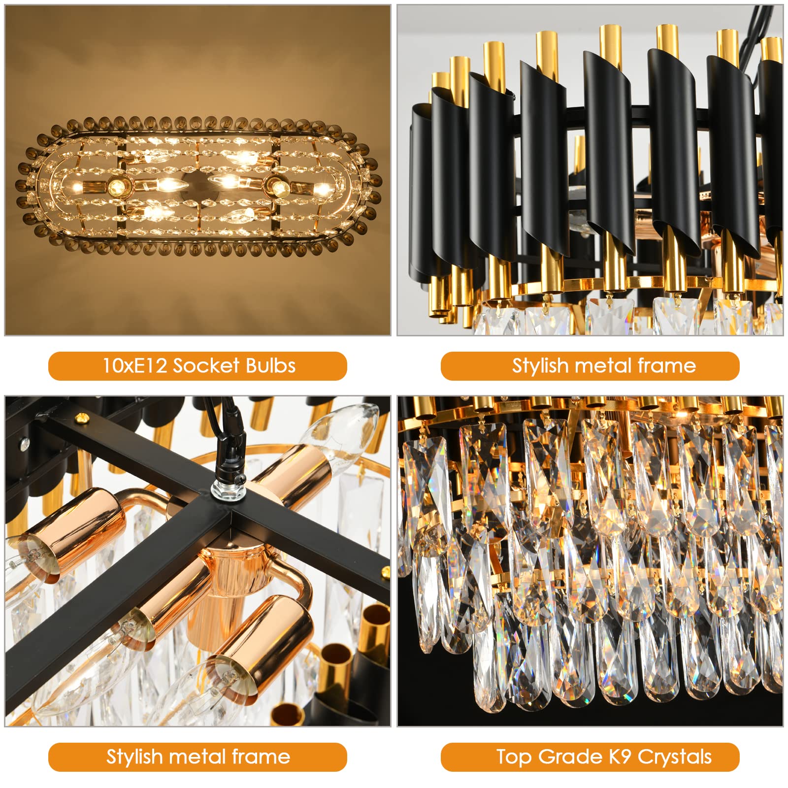 Akdxirun Modern Crystal Chandeliers For Dining Room 8-Light Black And Gold Chandelier Living Room Oval Contemporary Ceiling Hang
