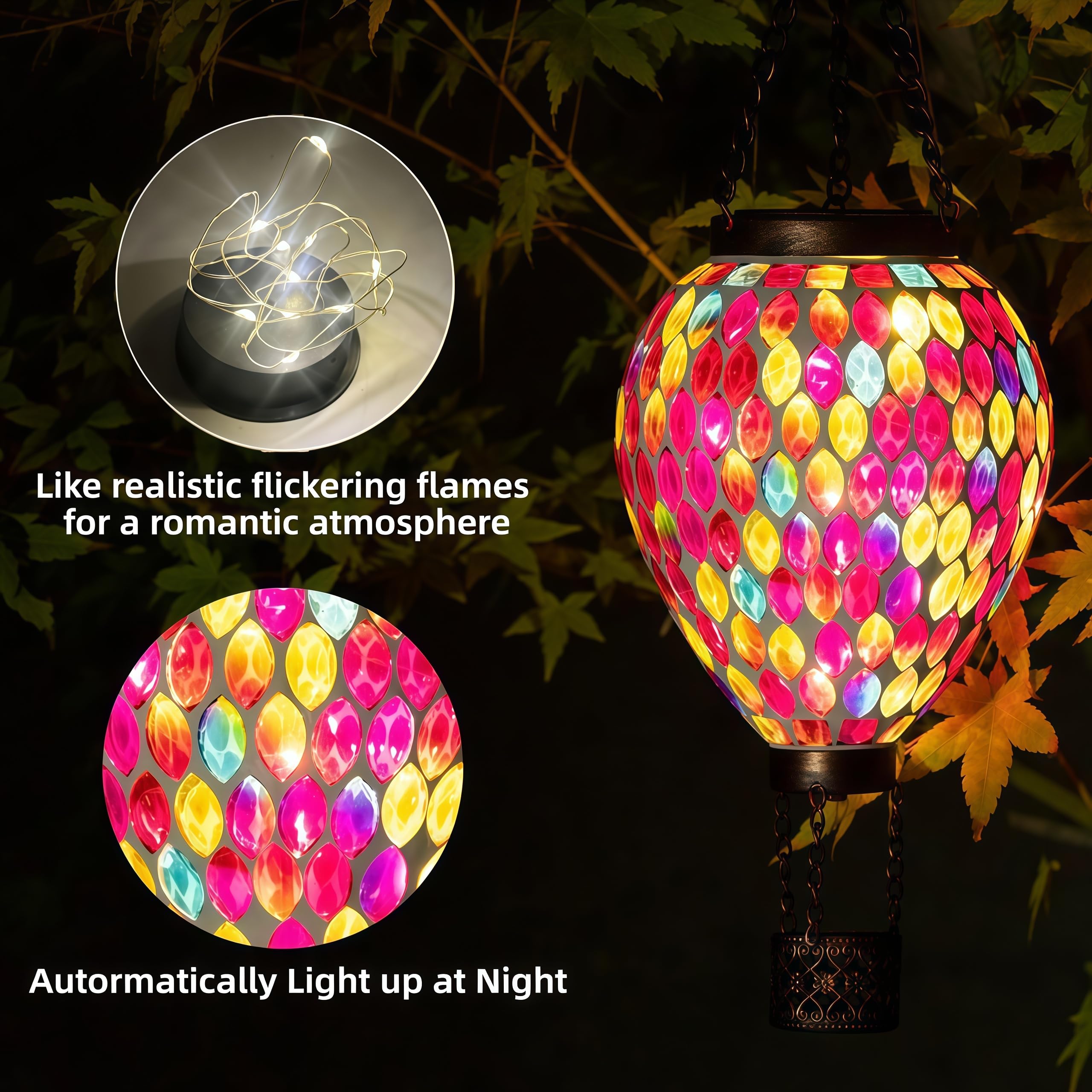 Voreen Hot Air Balloon Solar Lantern  Handmade Mosaic Solar Outdoor Hanging Wind Light  Waterproof  Patio Festive Decor  Gift For Mom Wife Friend  Red