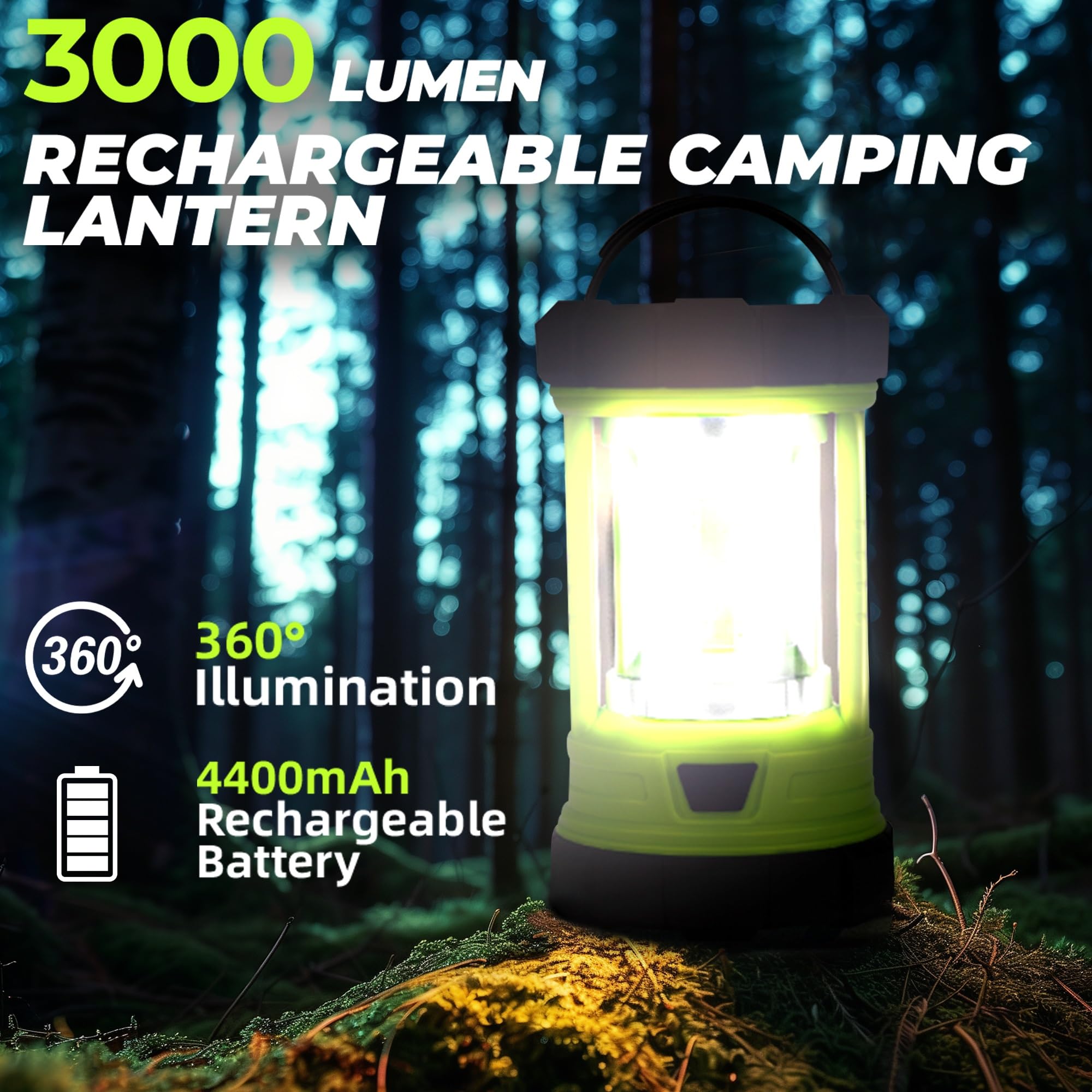 Camping Lantern 3000LM, LED Lanterns for Power Outages with 4400mAh Phone Charger, Impact-Resistant Rechargeable Lantern, 5 Ligh