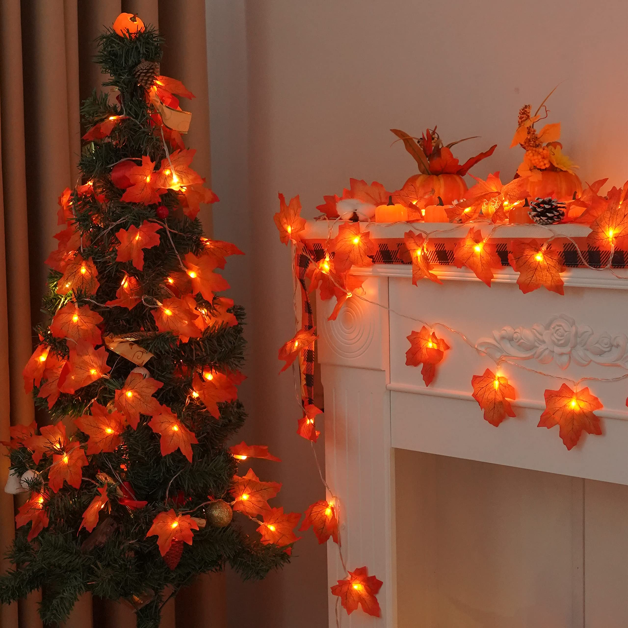Yeguo 4 Pack Thanksgiving Decorations - 40Ft 80 Led Battery Operated Fall Garland, Orange