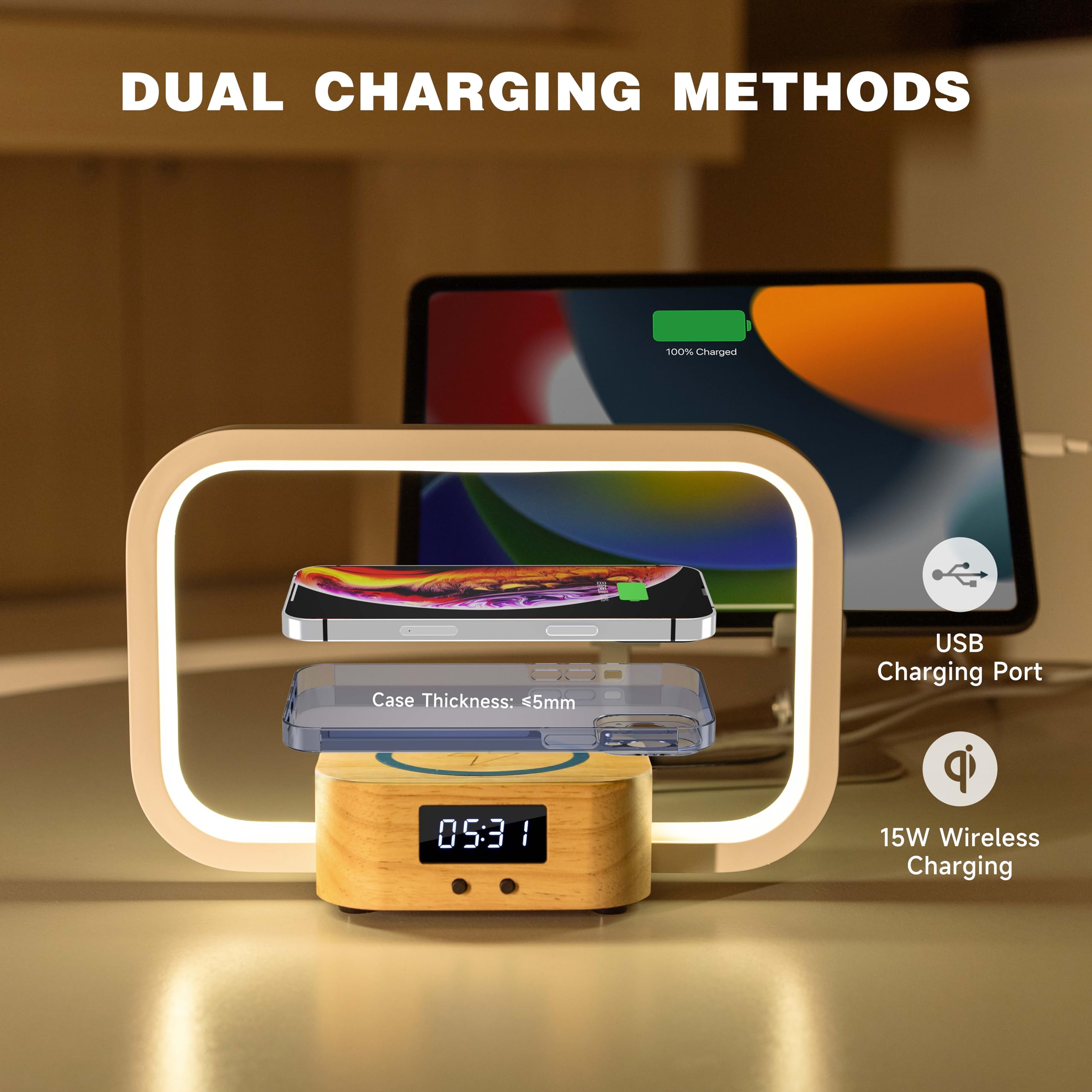 Aontess Table Lamp With Wireless Charger: Touch Bedside Lamp With Usb Port, Clock, Nightstand Desk Lamp With Dimmable For Bedroom, Living Room, Office, Reading…