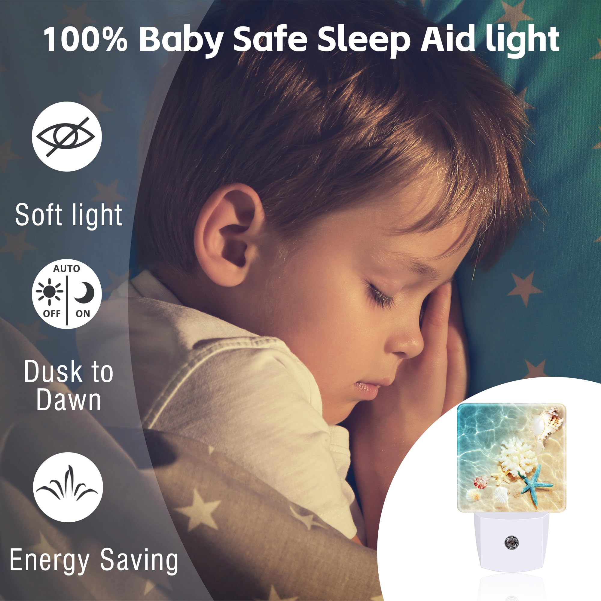 Sndheke Starfish Seashells And Coral Night Light, Summer Beach Sea Water Marine Life Dusk To Dawn Plug In, 0.5W Energy Saving Sl