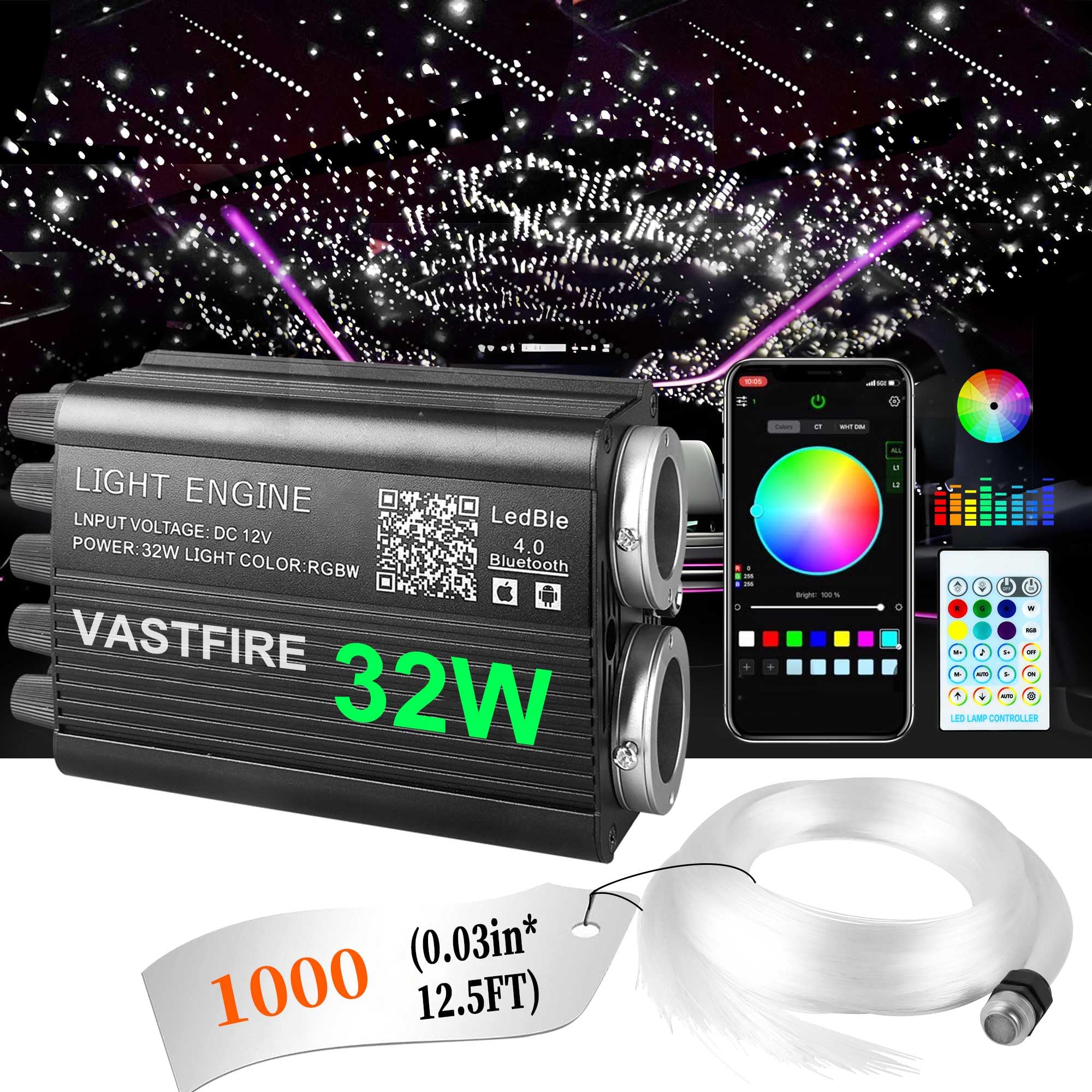 Starlight Headliner Kit 1000 Piece 32W Twinkle & Meteor 2-in-1 Light Engine 200 Shooting Stars RGBW Fiber Optic Strands Music Sy