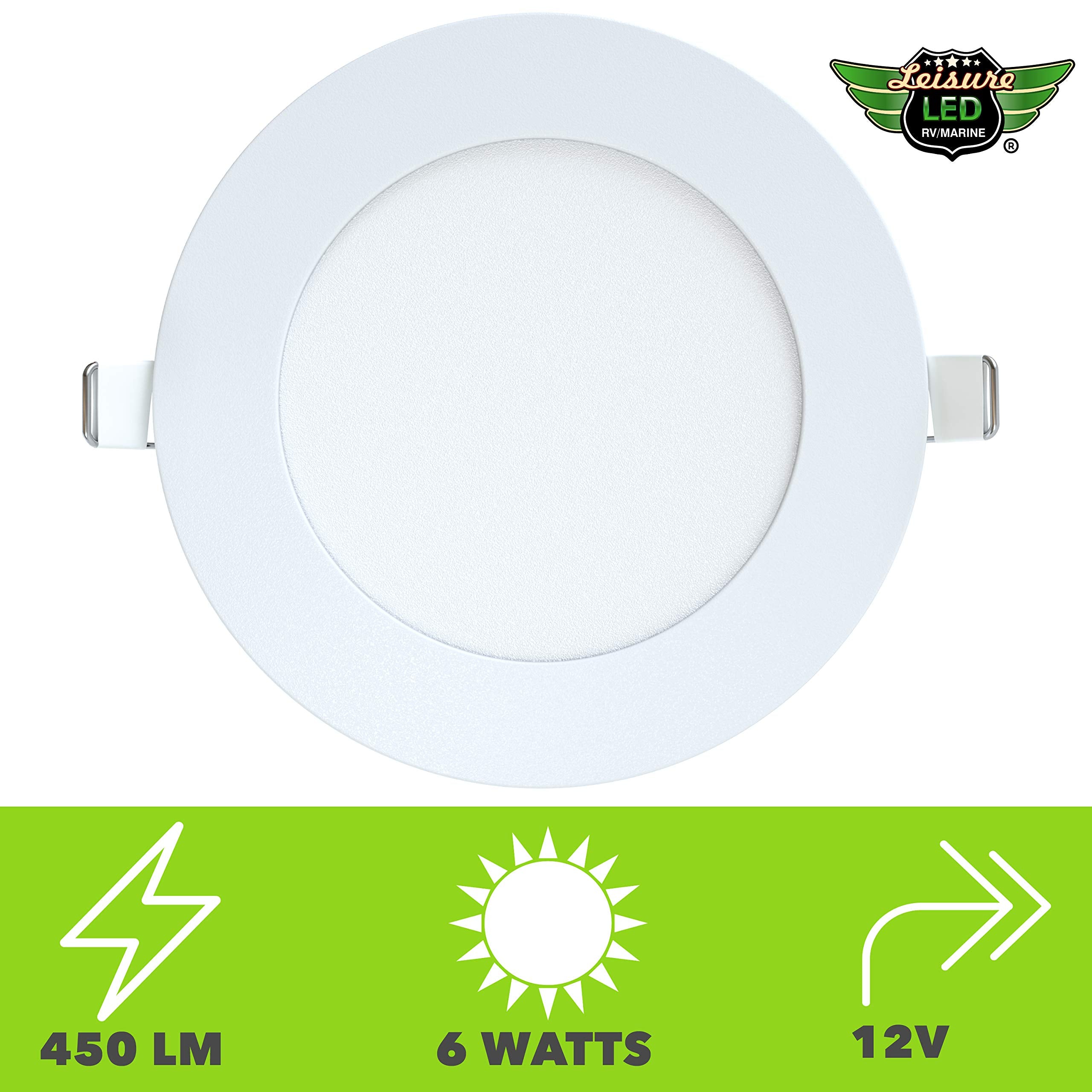 Leisureled 5 Pack Rv Boat Recessed Ceiling Light 450 Lumen Super Slim Led Panel Light Dc 12V 4.75&quot; 6W Full Aluminum Downlights, (Warm White)
