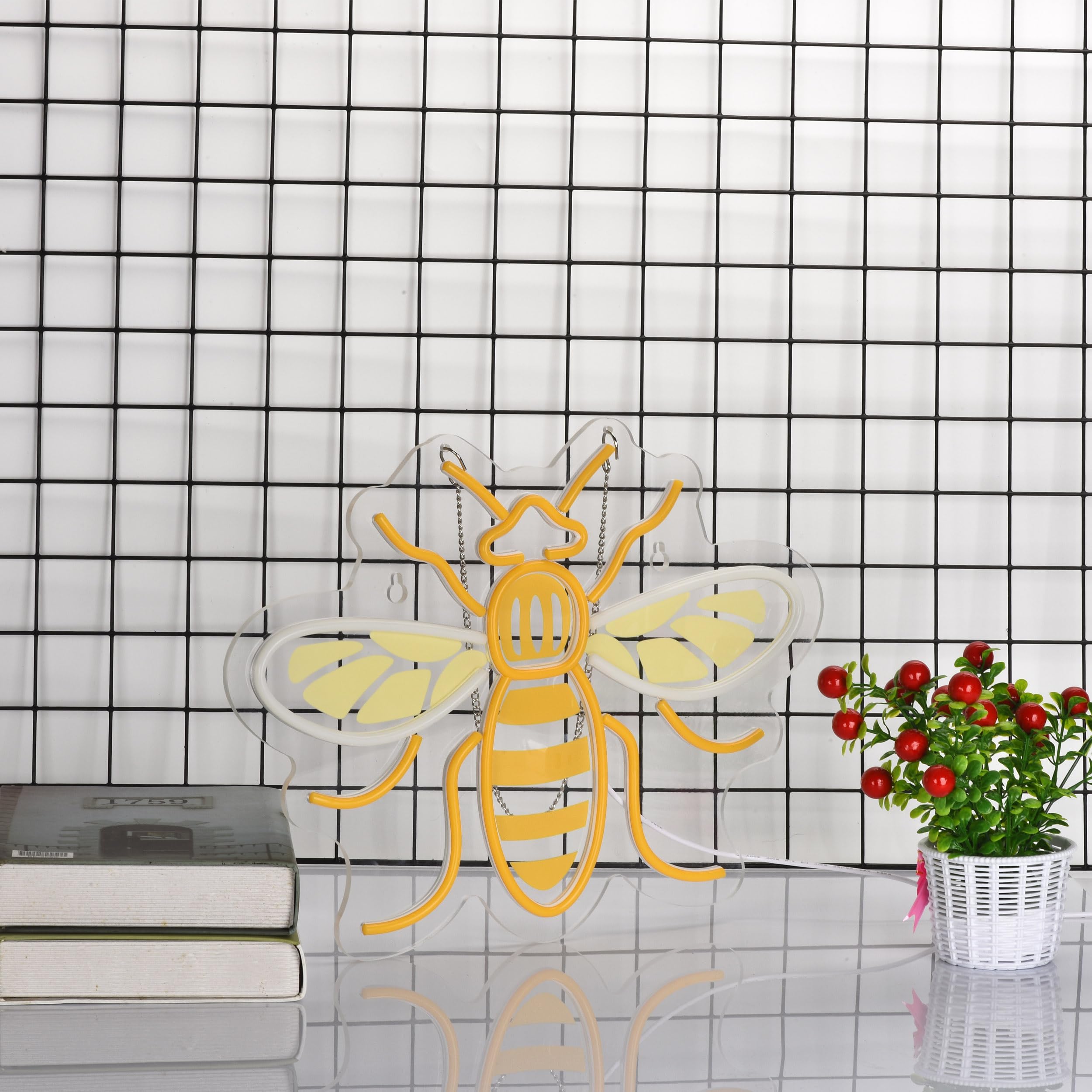Roouneon Bee Neon Sign - Dimmable Led Wall Décor In Yellow & White, 13"X17" Acrylic Light