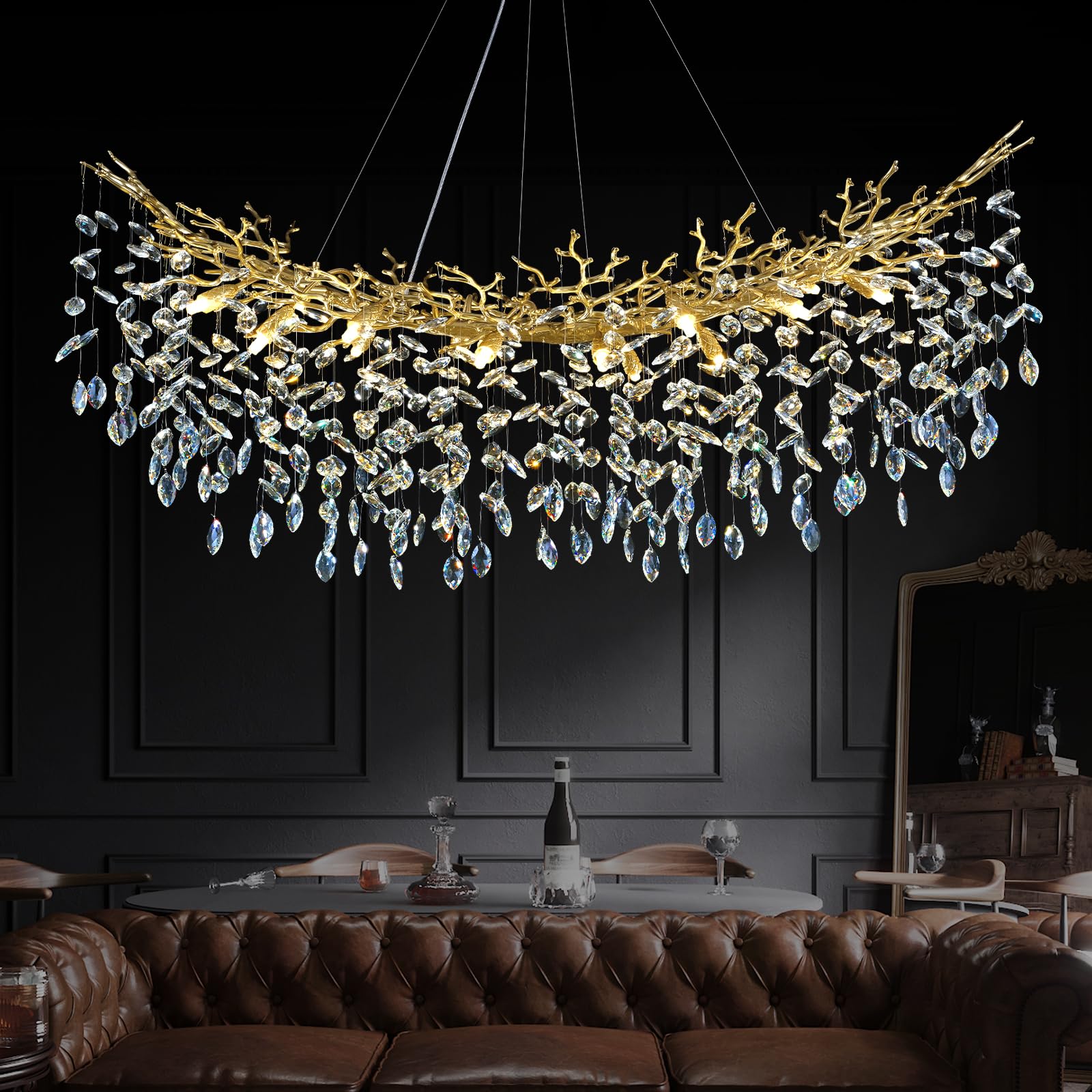 kvtinmty Modern Crystal Gold Chandelier, 55'' Large Rectangular Oval Tree Branch Crystal Chandeliers for Dining Room,16-Light Fl