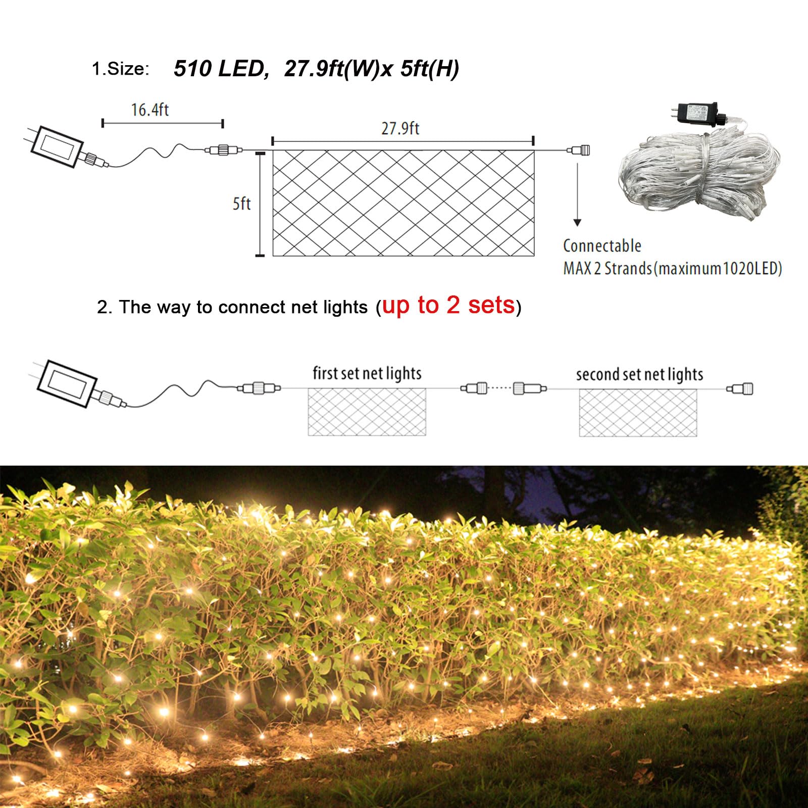 Lov high-standard 510 LED Christmas Net Lights, Waterproof, 27.9ft x 5ft, Clear Wire, Warm White, 8 Modes, Model LR-(1-1000) L