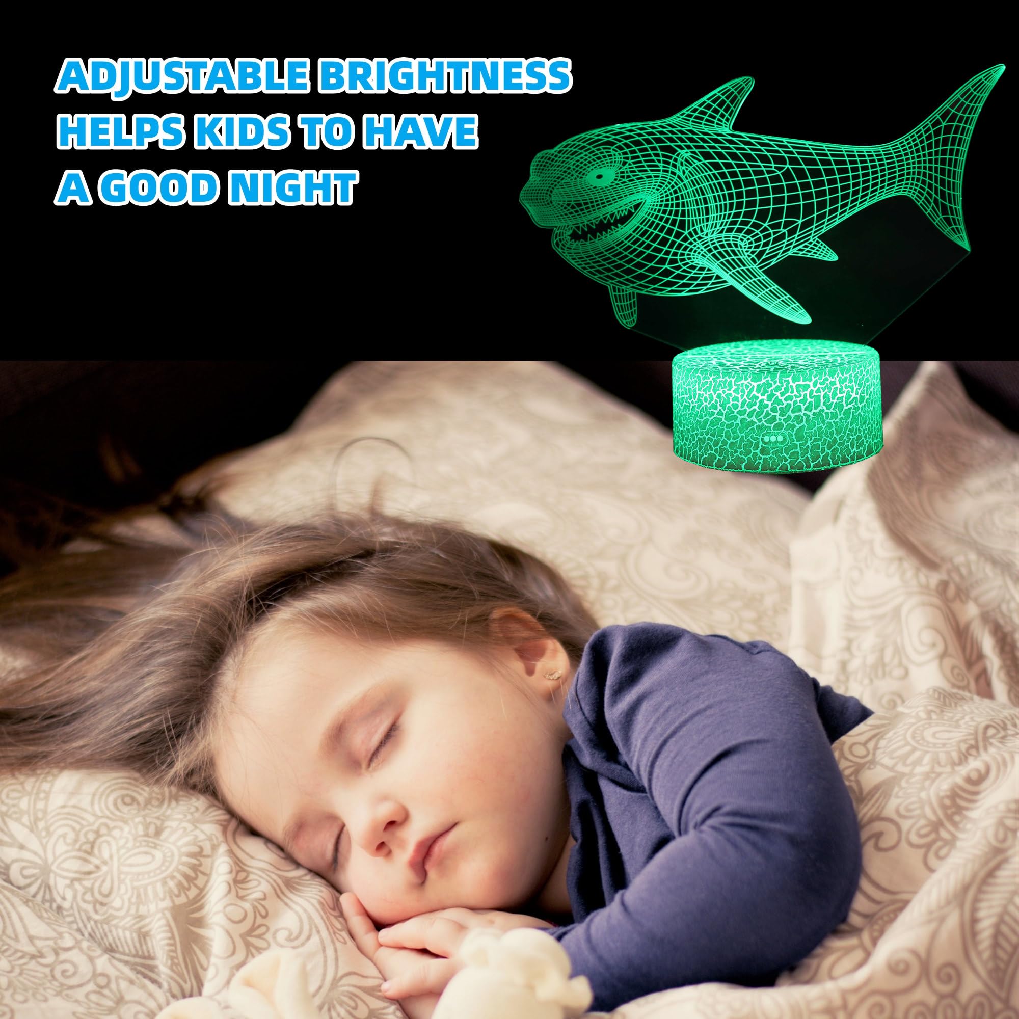 Kenmaca Sharks Night Light For Kids Boy Girl Bedroom, 3D Illusion Lamp 3 Patterns 16 Colors Changing Dimmable Room Decor, Touch