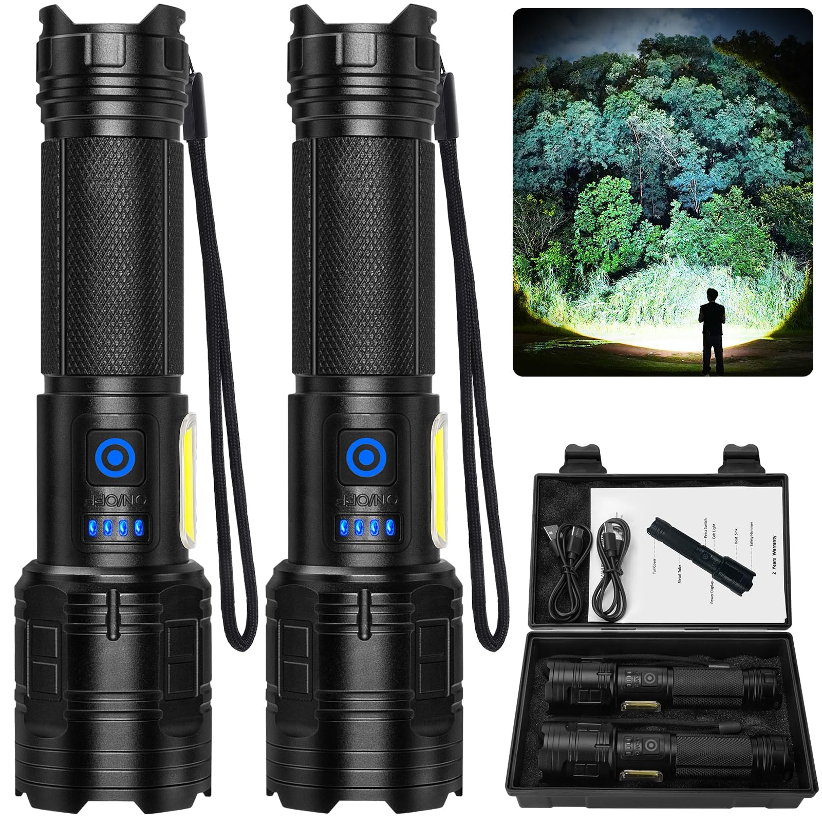 ALSTU Rechargeable Flashlight - 99,000 High Lumen, 7 Modes, 2 Pack, Black, Model M081