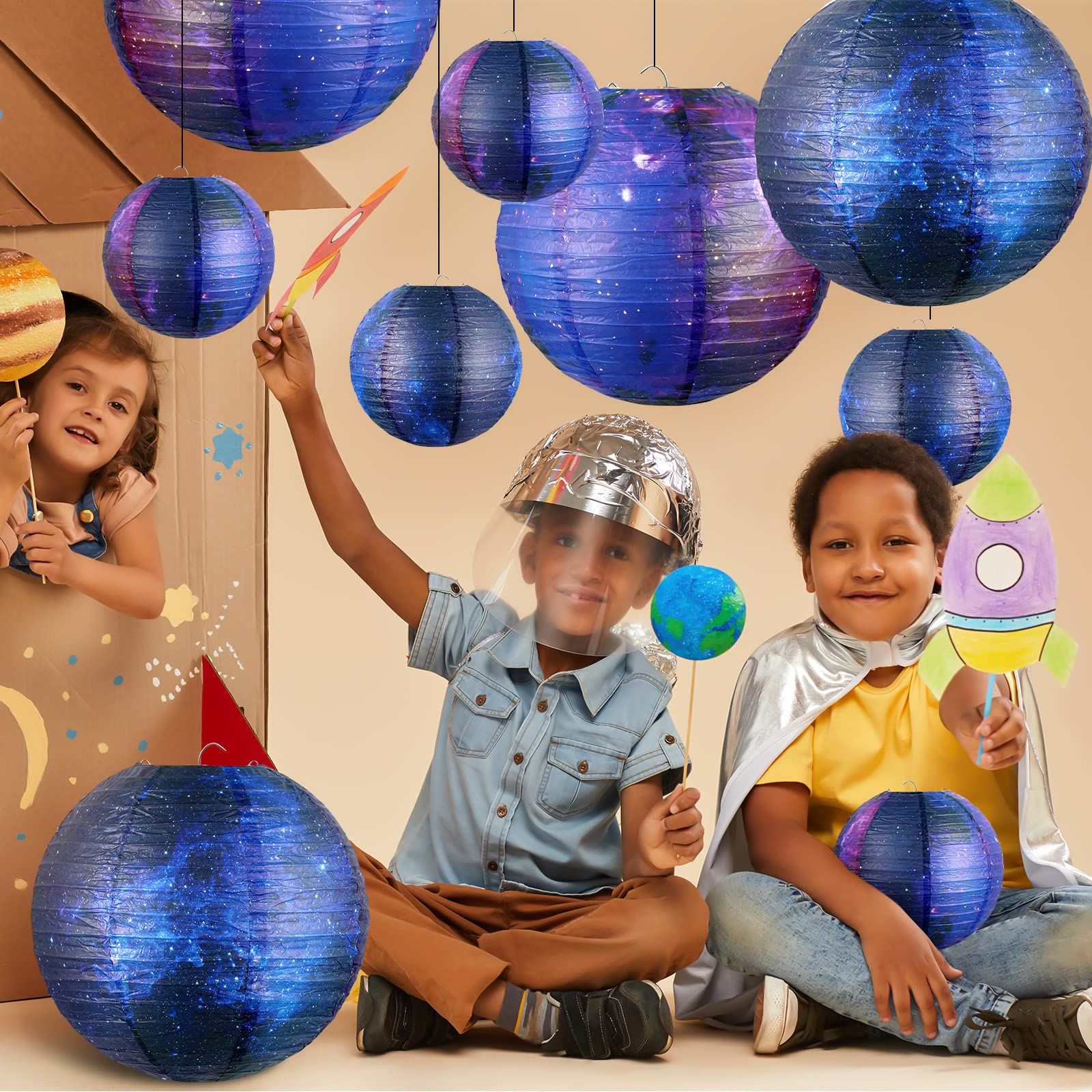 Hortsun Galaxy Print Paper Lanterns - 10 Pack, Space Themed, 12&quot;/6&quot; Hanging Decor For Parties