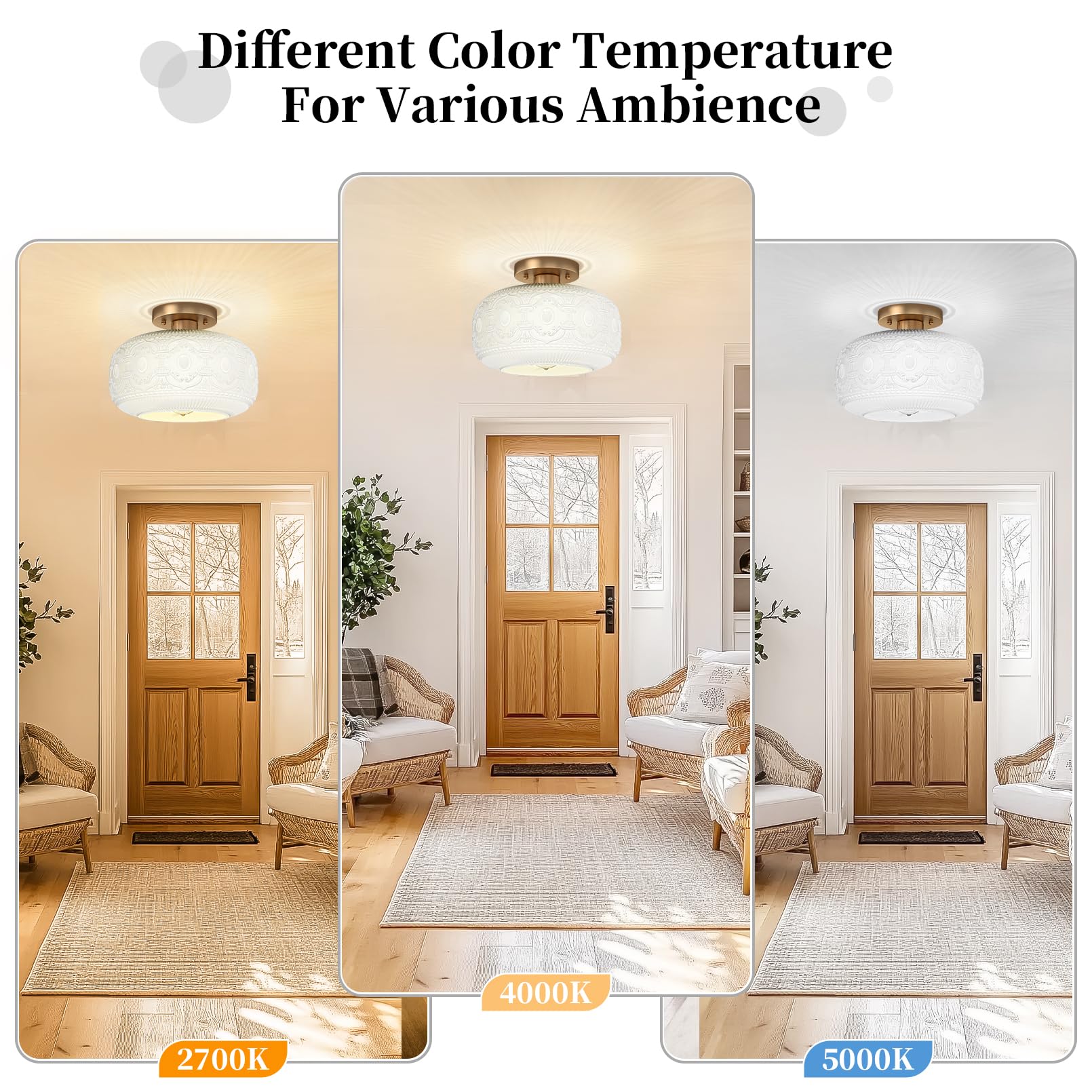 Oykyohei Gold & White Glass Semi Flush Mount Ceiling Light Fixture For Kitchen & Hallway