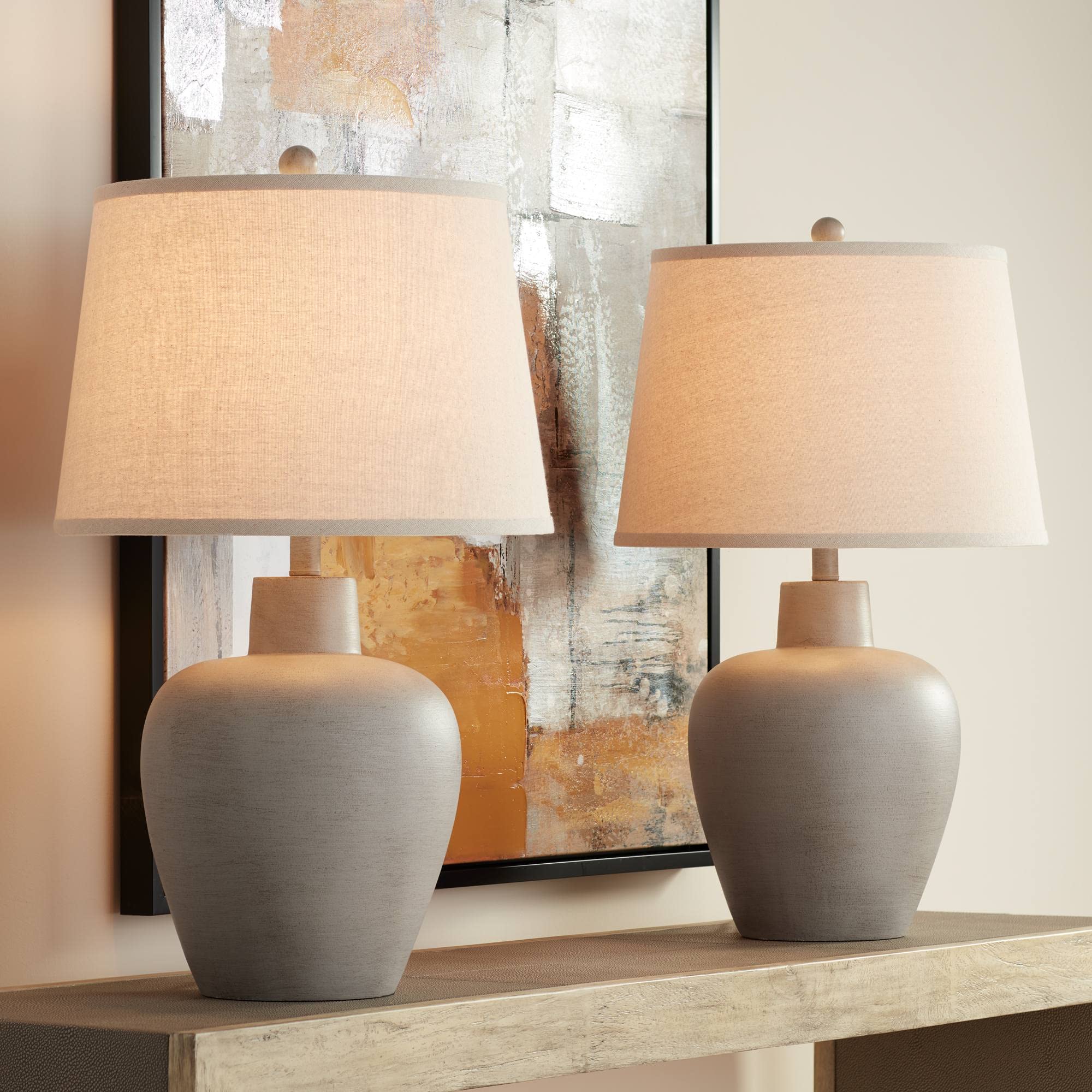 Regency Hill Table Lamps Set of 2 27in Rustic Country Cottage Gray Terra Cotta Resin Drum Shade for Living Room Bedroom Model 69H77