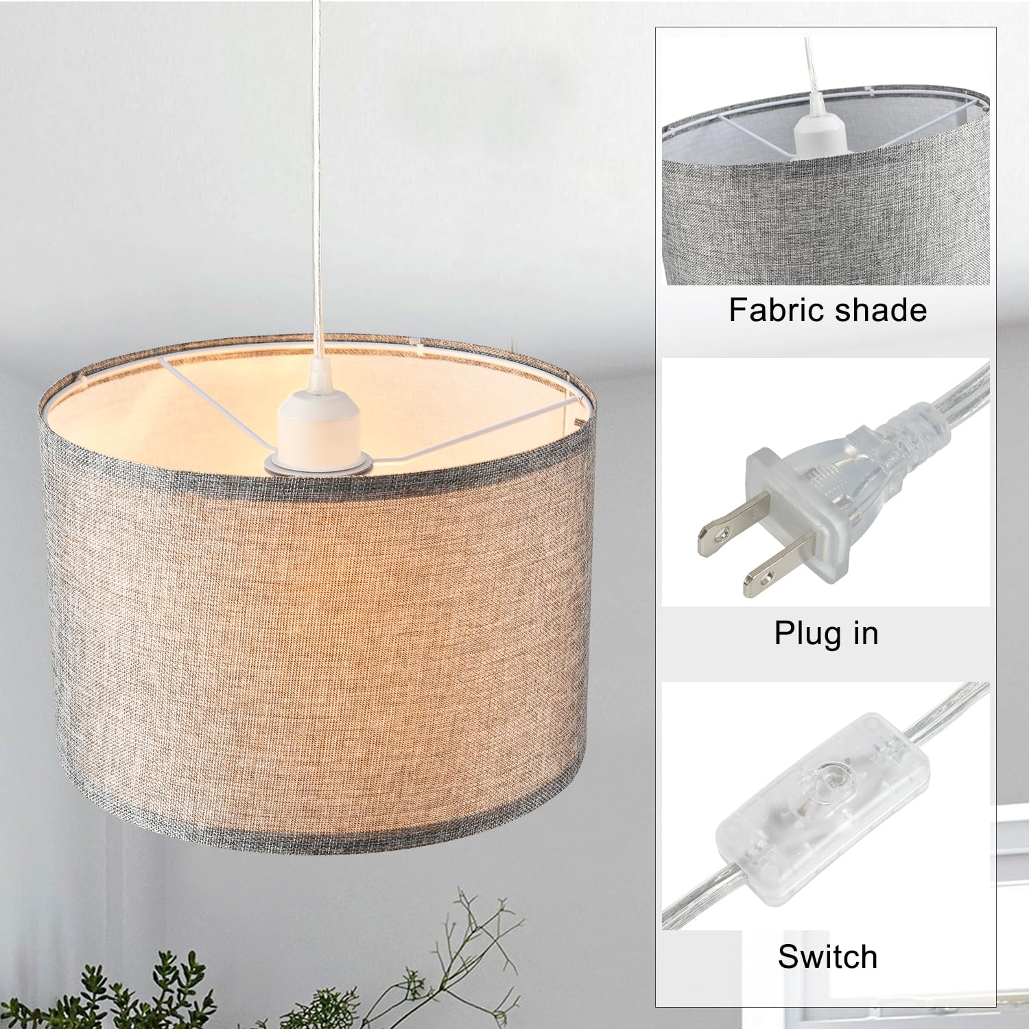 Ihengyanlt 2 Pack Plug In Pendant Light, Hanging Light With 15Ft Clear Cord, On/Off Switch, Grey Fabric Lamp Shade, Hanging Light Fixture For Bedroom, Kitchen, Living Room, Dining Table