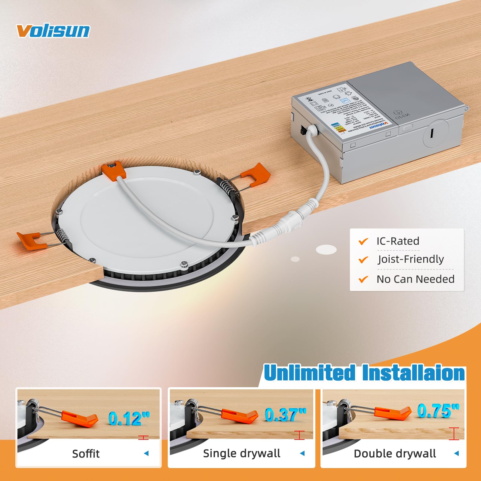 VOLISUN 4 Inch Black Dimmable LED Recessed Lighting, 5CCT Selectable, Canless Wafer Downlight, Model 21366ZM