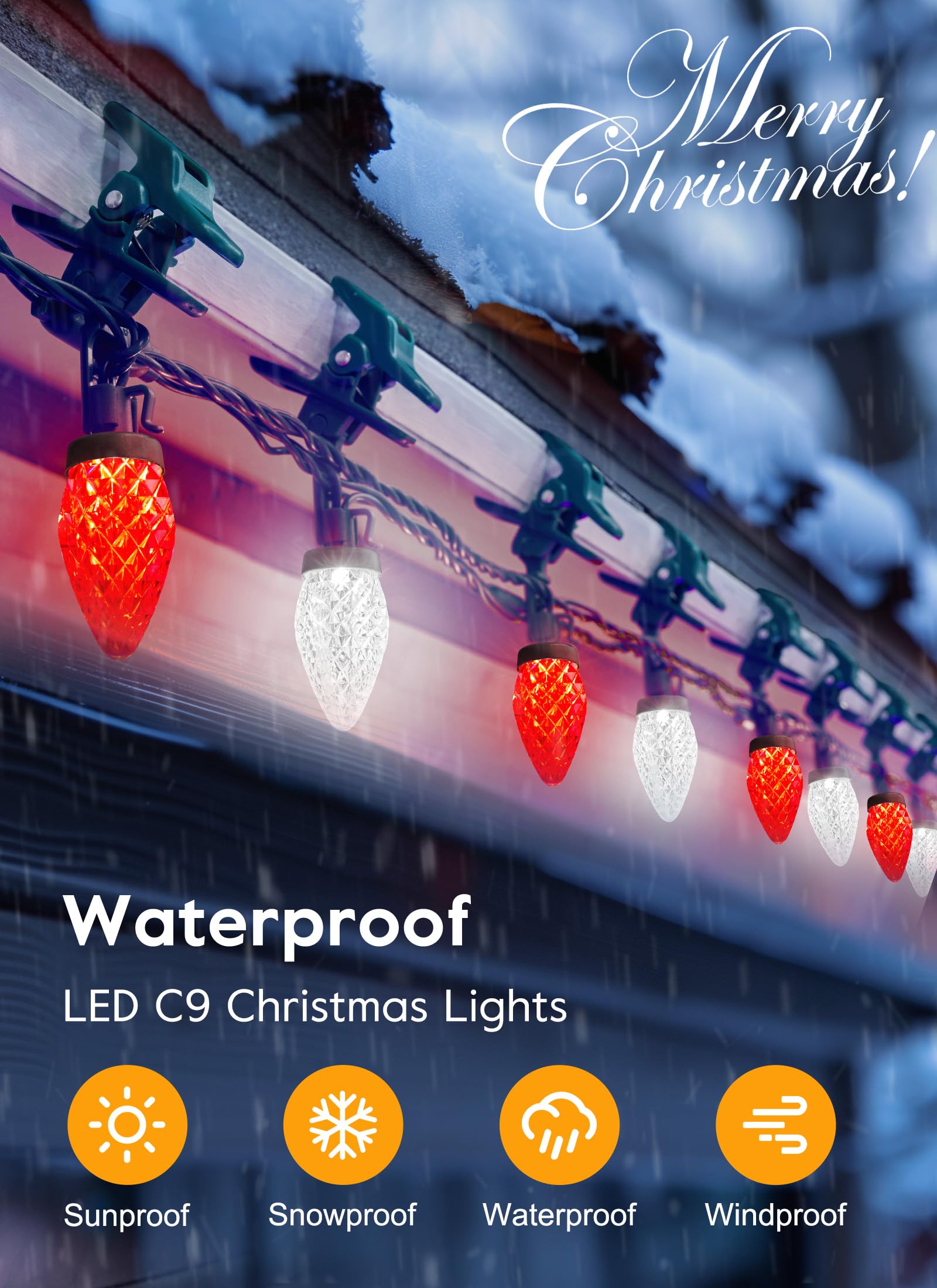 Minetom C9 LED Christmas Lights - 66 Feet, 100 Waterproof String Lights, Red & Pure White, Model GY-C9-X-33-3B, with 100 Spring Clips
