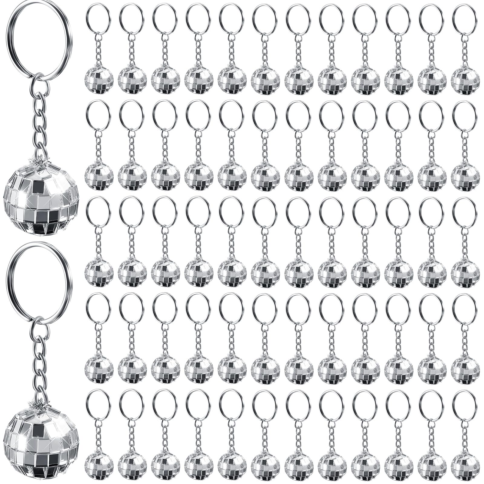 Hicarer 60 Pcs Mini Disco Ball Keychain 60s 70s 80s Disco Party Favors Glitter Silver Mirror Ball Keychain Halloween Party Favor