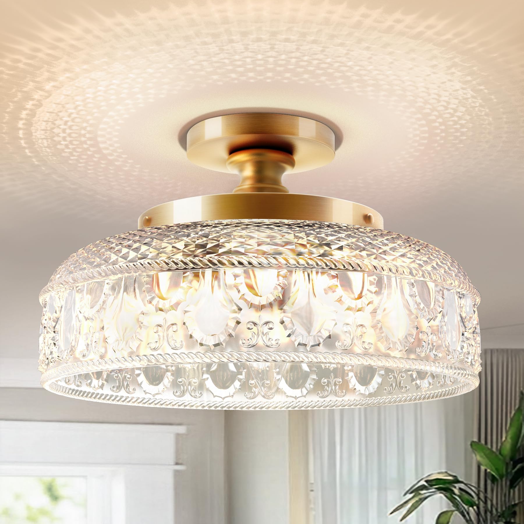 Lamomo Semi Flush Mount Ceiling Light, Upgraded Larger Green Hallway Light Fixture, 3-Bulb Globe Glass Close To Ceiling Scone, I
