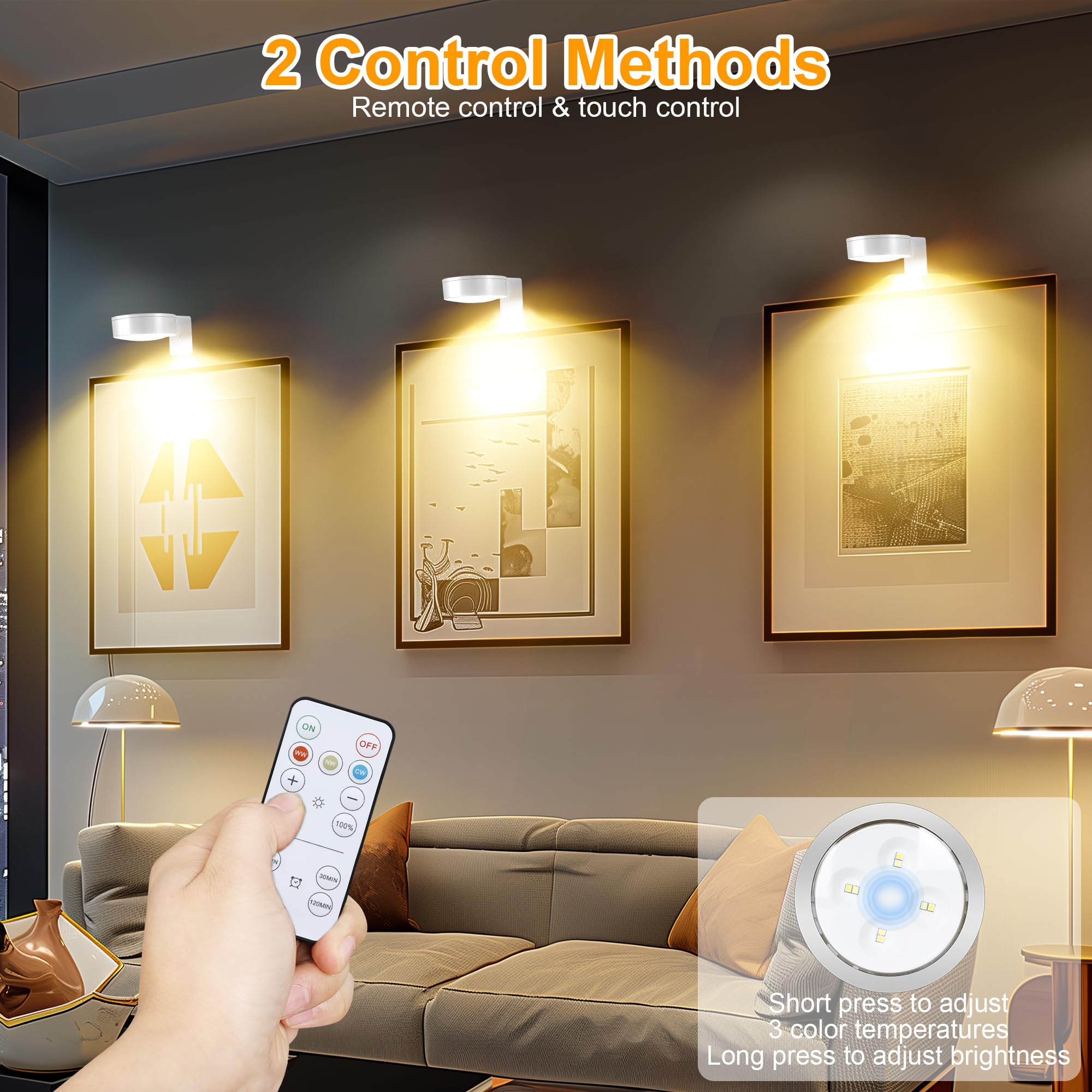 Kandicyar 3Pcs Wireless LED Picture Light with Remote, Dimmable, Timer, White, Model KA0013A