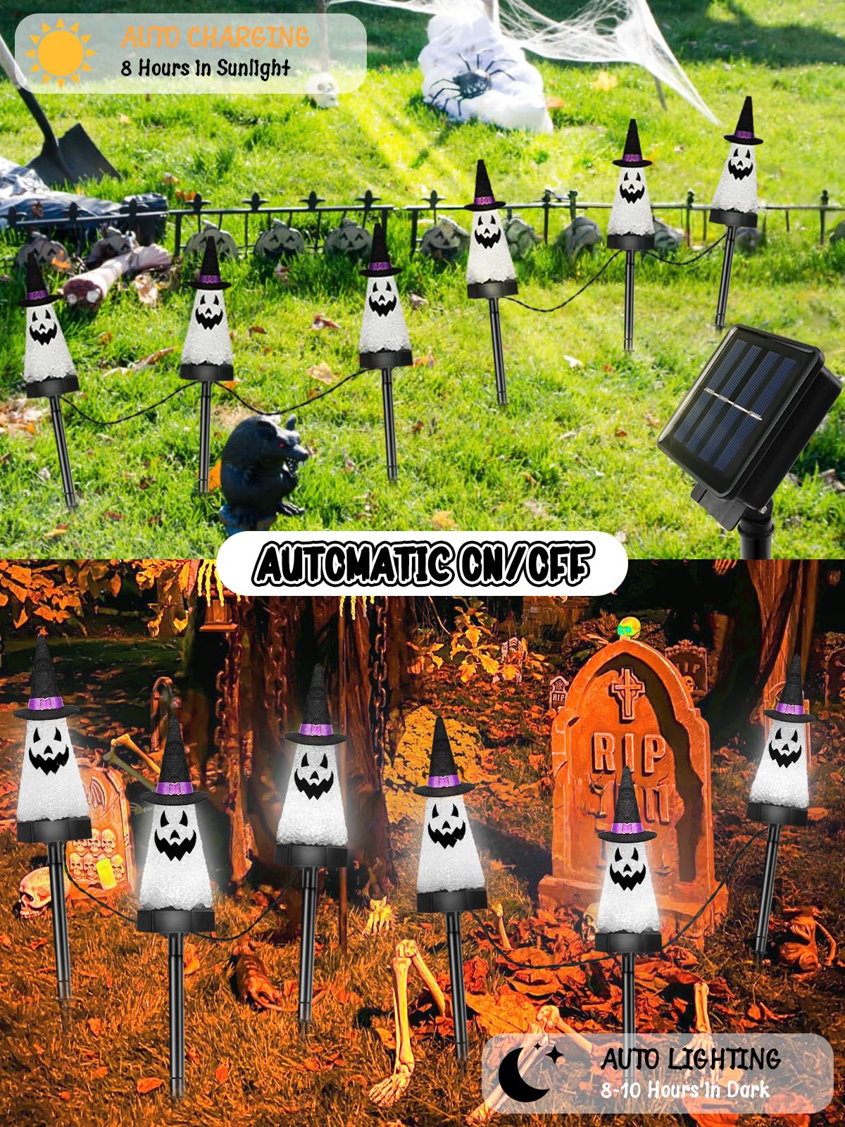 BHCLIGHT Solar Halloween Ghost Lights, 6 Pack, Waterproof, Cool White, Garden Stake for Pathway Decor, Model YY-Solar-Ghost-2PK6L-CW