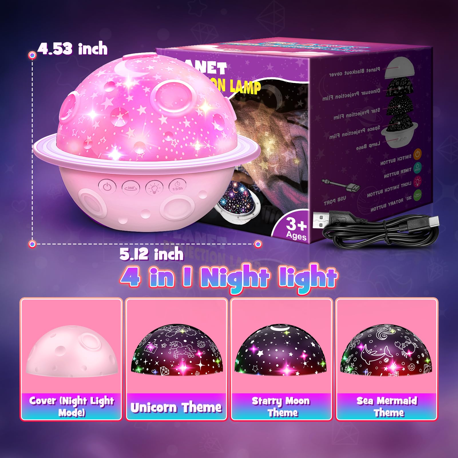 DEVRNEZ Unicorn Night Light Projector, 4-in-1 Star Projector Toys, Pink, Model 006, for Kids Ages 3-12, ABS Material, 360° Rot
