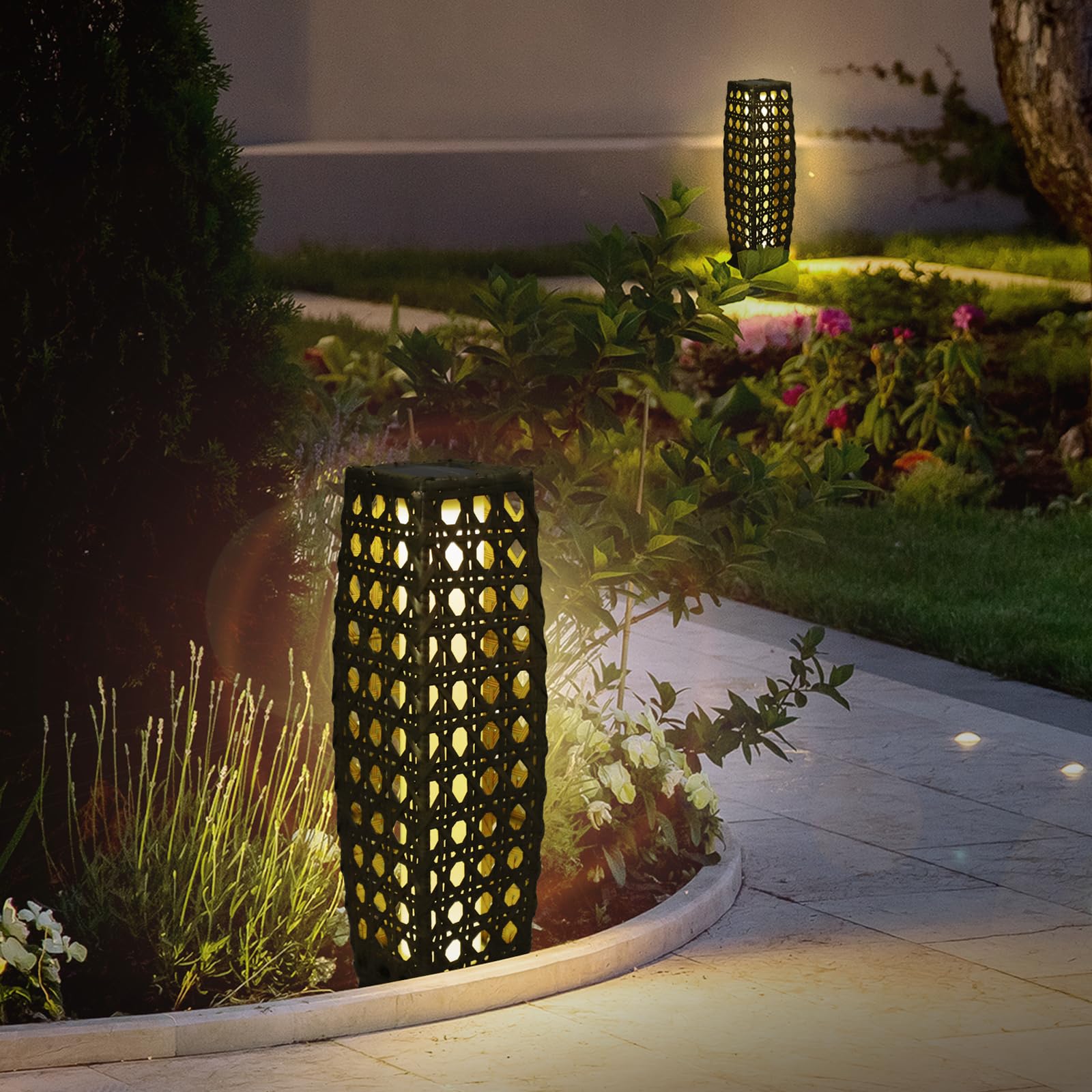 Solar Powered Outdoor Floor, 2 Piece Solar Outdoor Floor Lamps Lanterns Waterproof, Resin Wicker Weather-Resistant Rattan Deck L