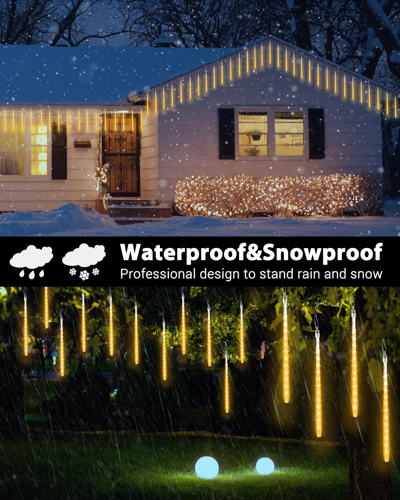 iBaycon LED Meteor Shower Lights, 20 Tubes, 11.8in Warm White Waterproof Cascading Icicle Lights, Model SSL0480-C-D-7V