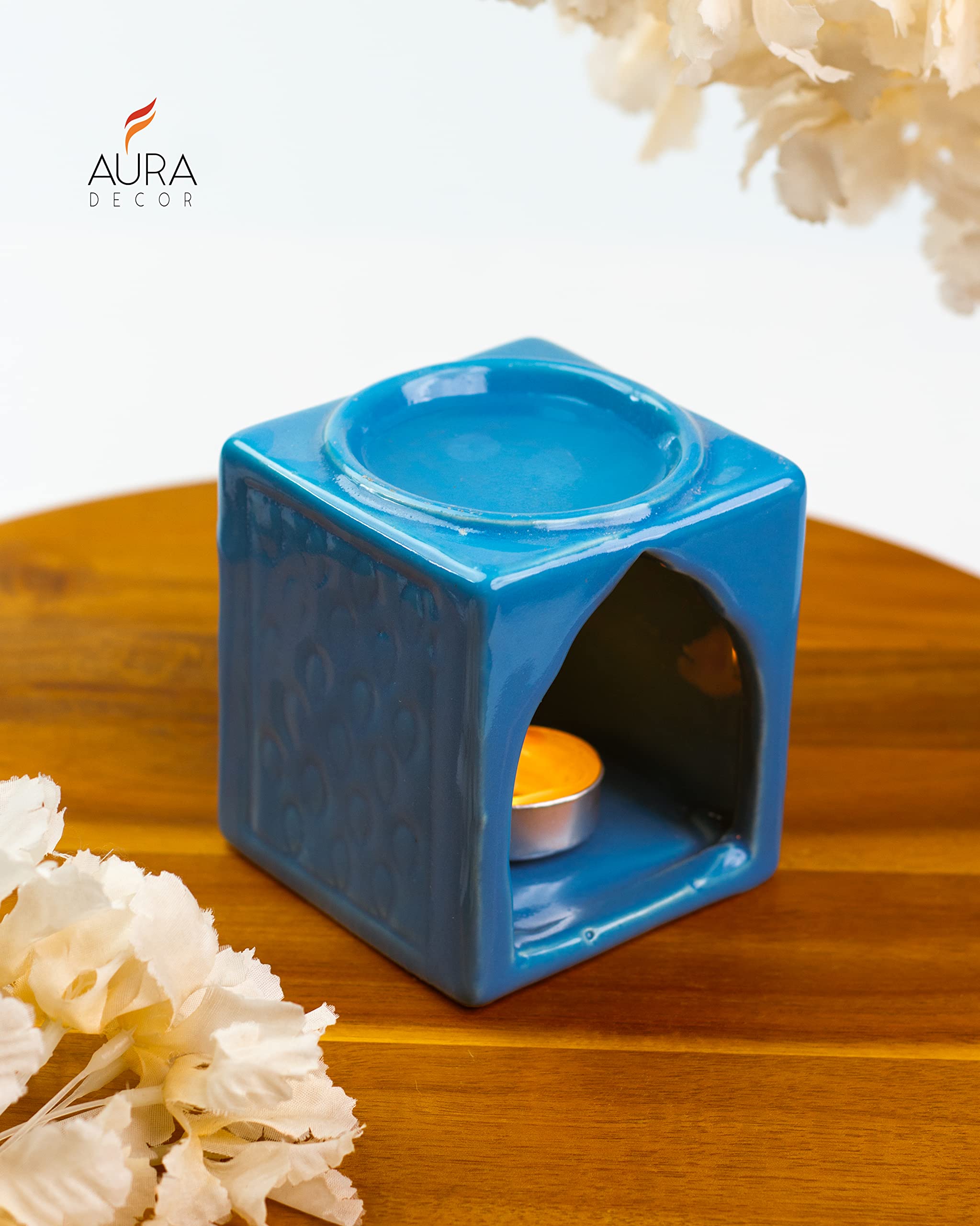 AuraDecor Handcrafted Small Ceramic Burner Square Shape with 1 T-Light Candle for Home Decorations (Aqua)