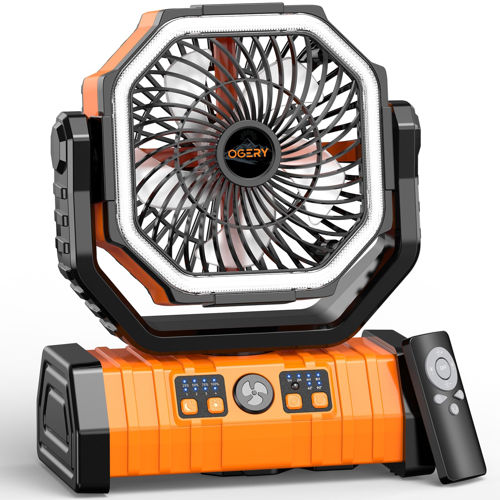 OGERY 20000mAh Camping Fan with LED Lantern, Remote Control, 4 Speed, Orange, Model F6
