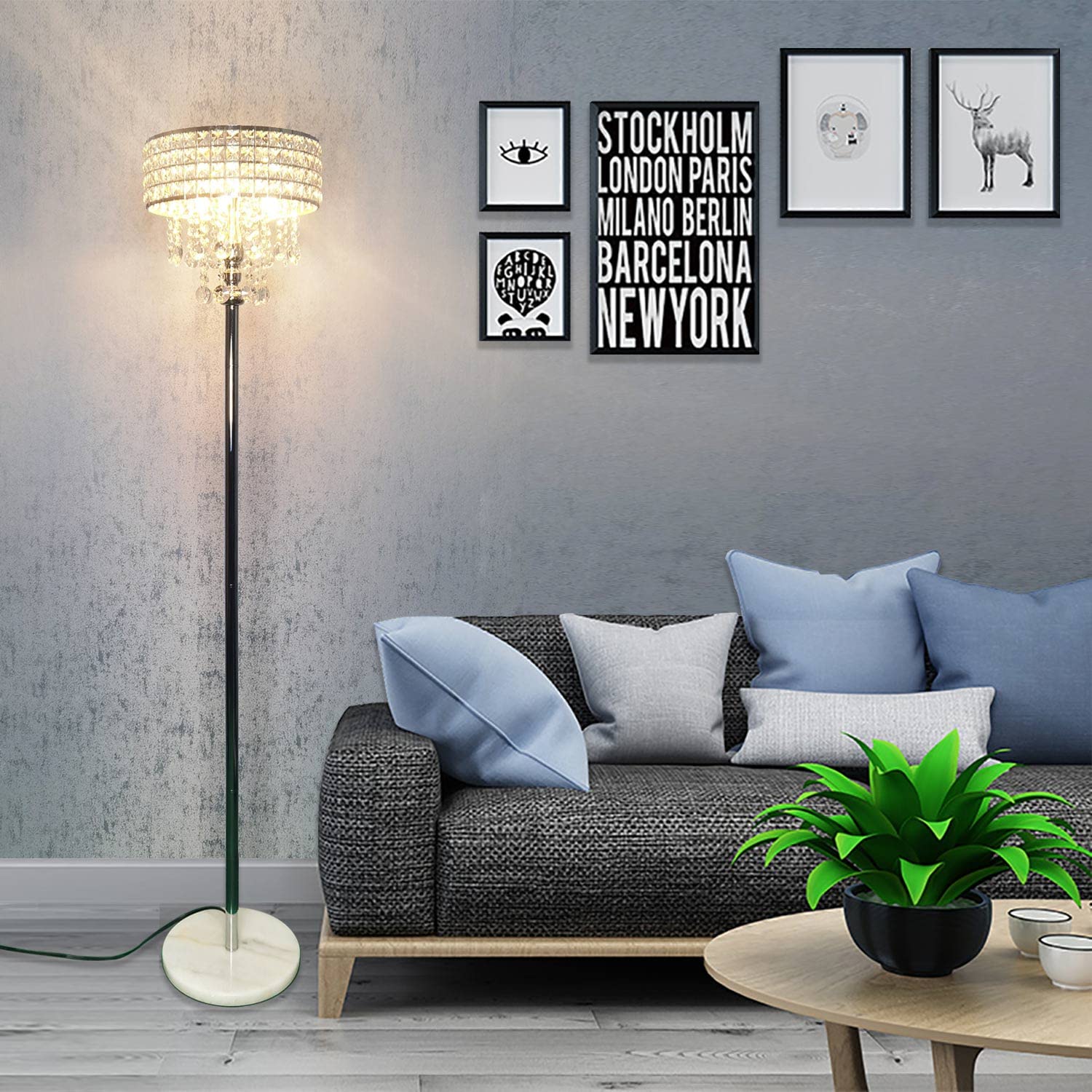 beaysyty Modern K9 Clear Glass Crystals Floor Lamp, Chrome, 3-Lights with Foot Switch for Living Room, Bedroom, Office, Cafe