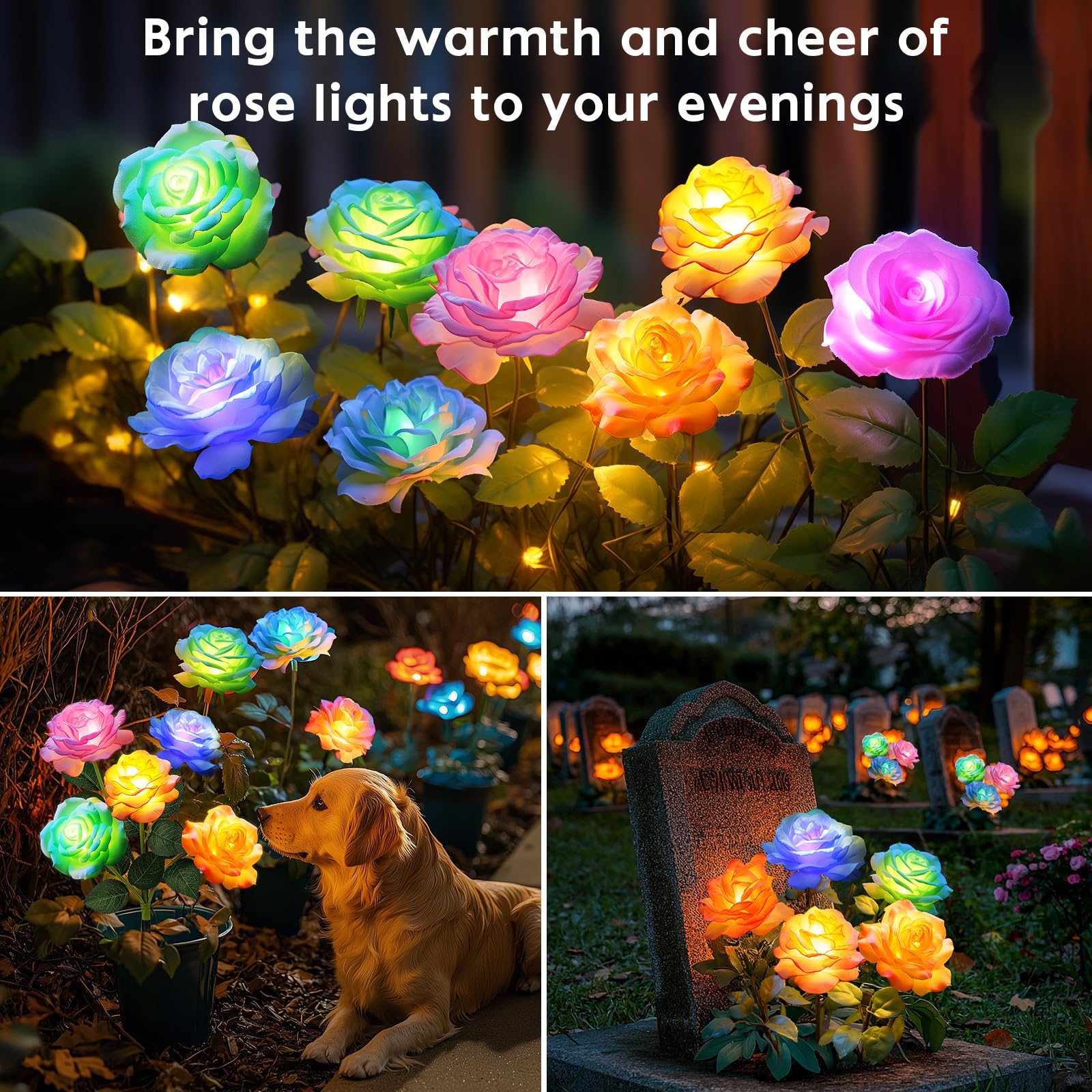 Solar Flower Lights Outdoor Waterproof: 4 Pack 7-Color Changing Led Rose Stake Decor For Garden Pathway Patio Lawn - Solar-Powered Artificial Blooms Christmas Holiday Yard Decorations