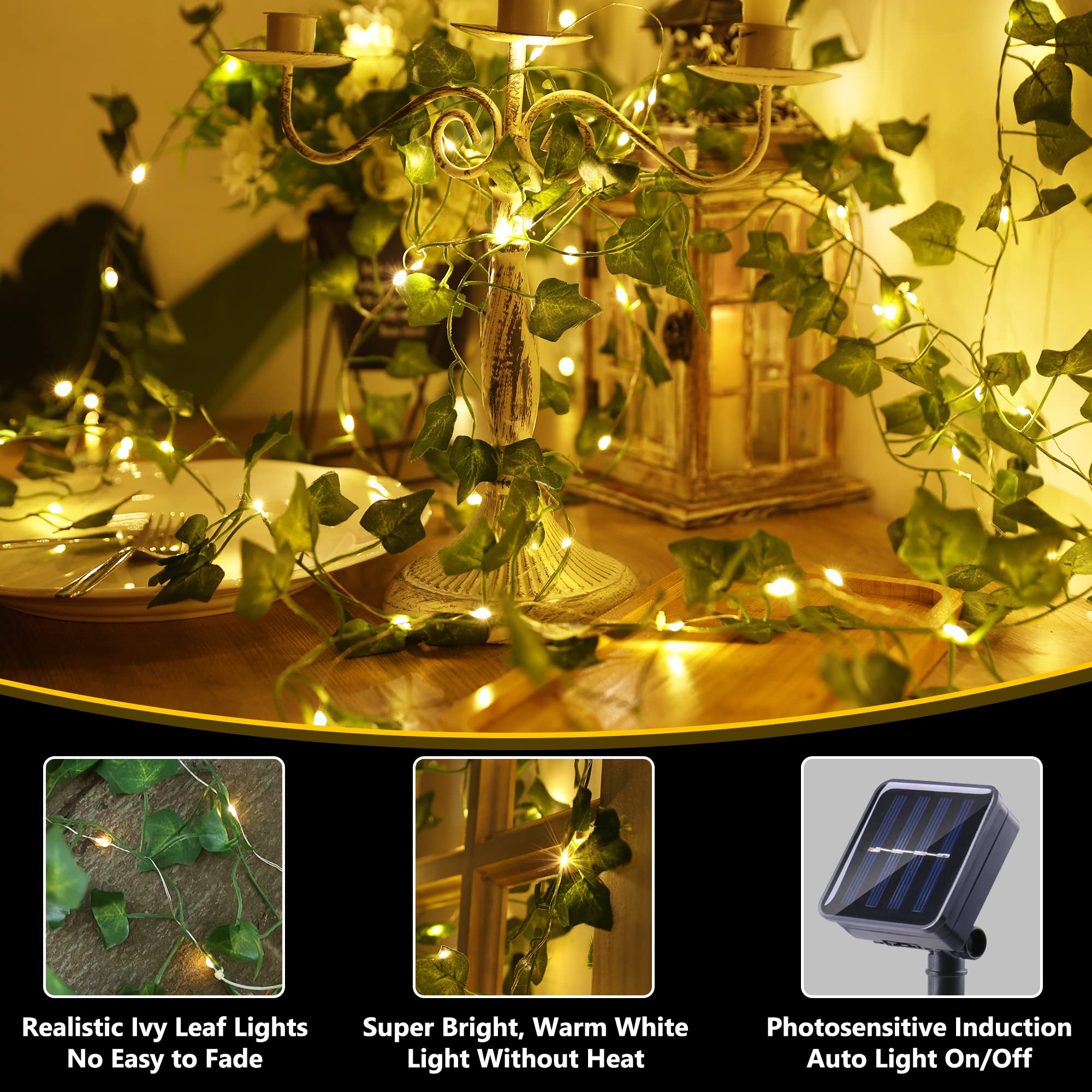 Brizled 33ft Solar String Lights, 100 LED Warm White Ivy Vine Lights, 8 Modes Outdoor Fairy Lights for Wedding Garden Decor