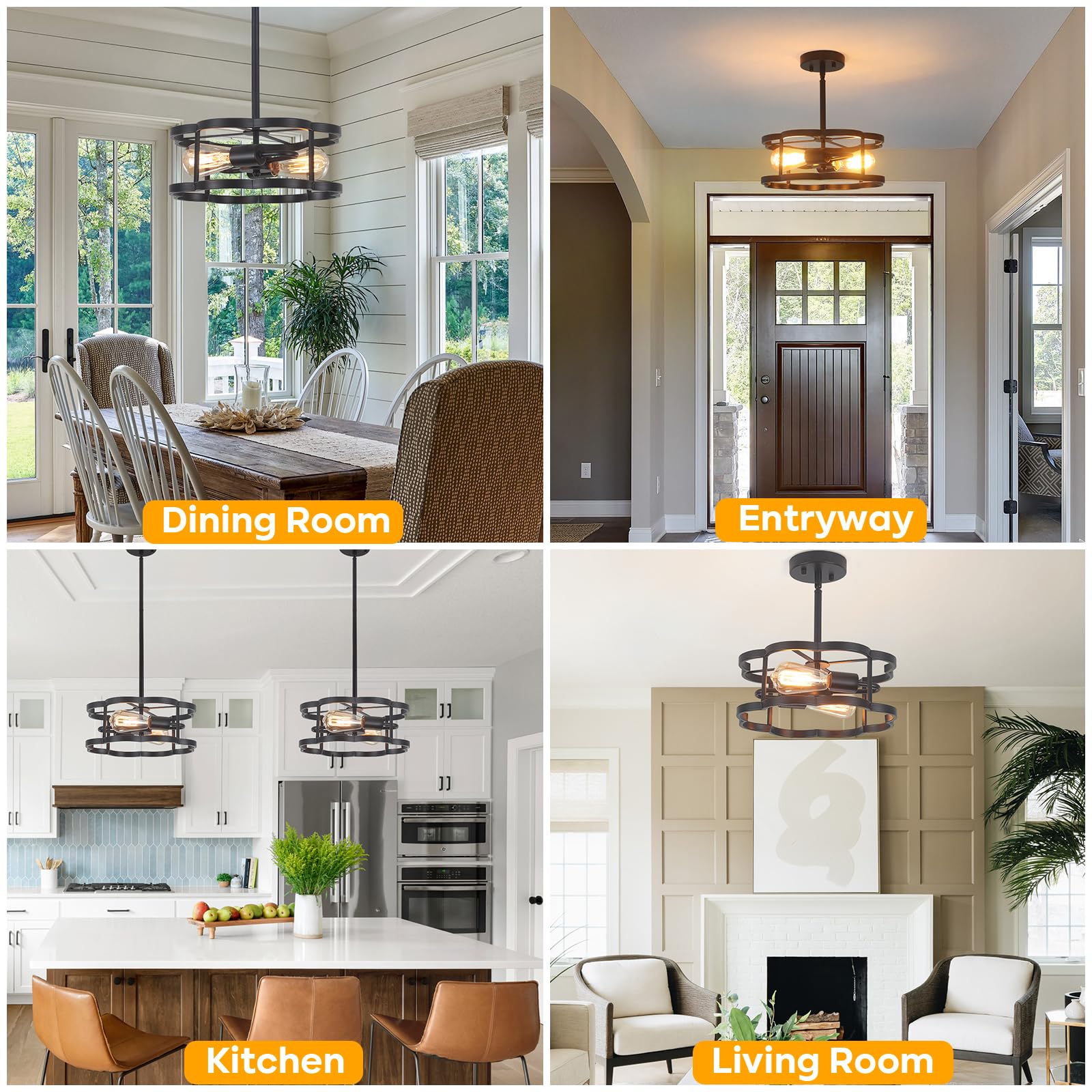 Semi Flush Mount Ceiling Light, Sloped Ceilings Lights Fixtures, Black Farmhouse Flower 2-Light Chandelier, Adjustable Height Me