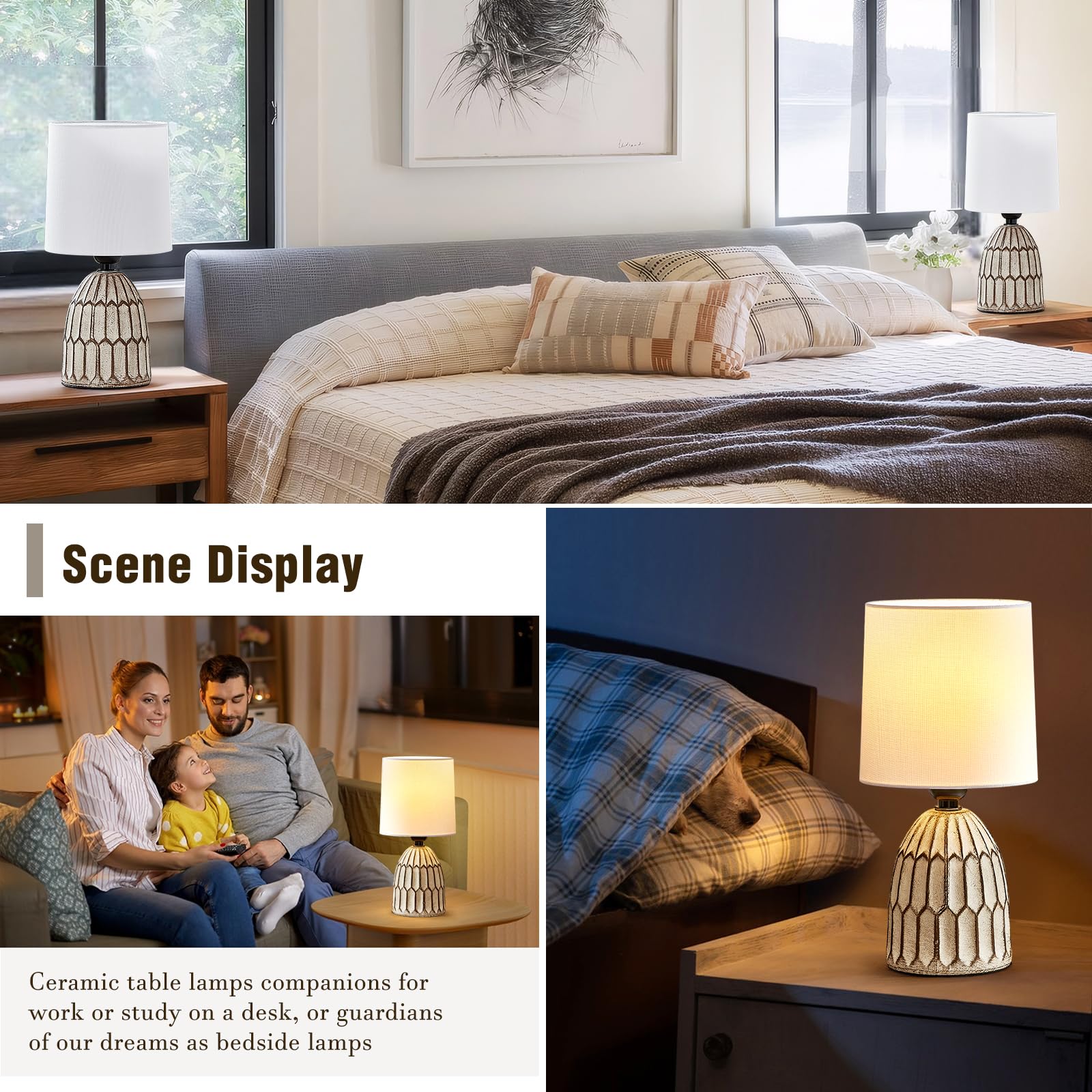 Ejiaxin Table Lamps Set Of 2-13.5'' Small Boho Lamp - Bedside Lamps - Farmhouse Rustic Ceramic Table Lamp For Bedroom, Living Ro