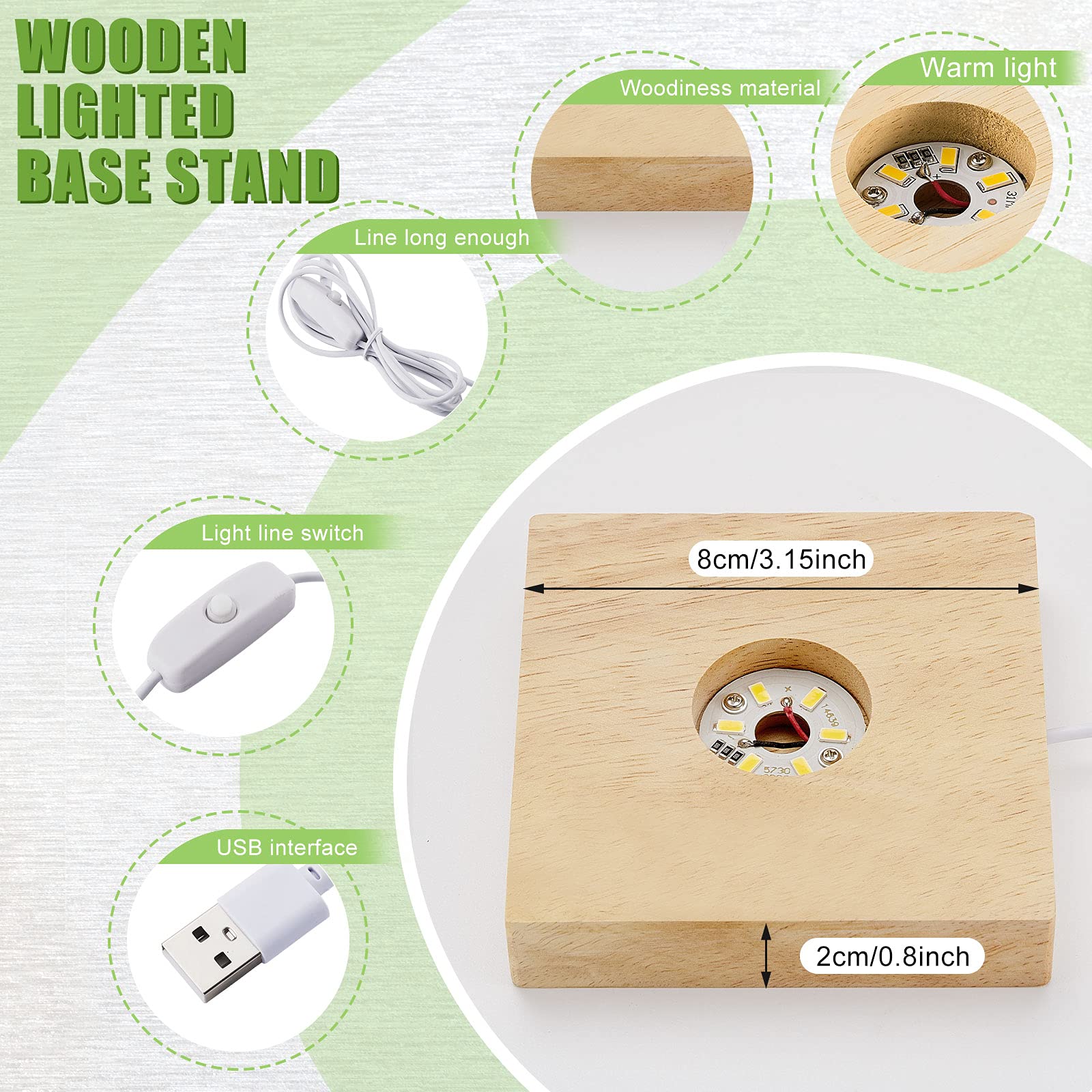 Honoson 2 Pcs Led Base Wood Light Display Base For Crystal Glass Art Resin Light Display Stand With 6 Led Wooden Crystal Resin L