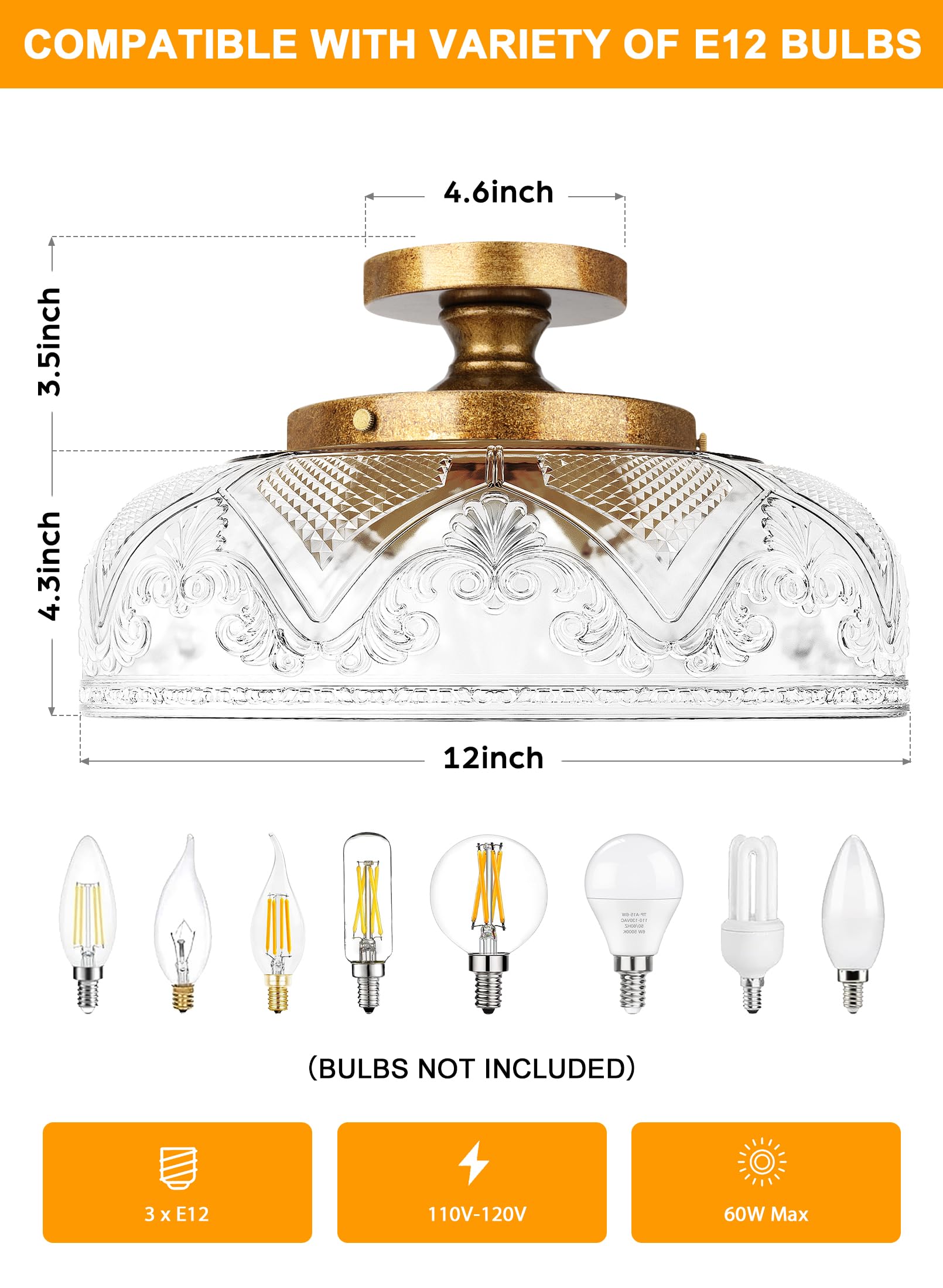 Slypadan 12 Inch Copper Semi Flush Mount Ceiling Light Fixture, 3-Light Globe for Kitchen, Bathroom, Dining Room - Model 3011C-3OG-1PUS
