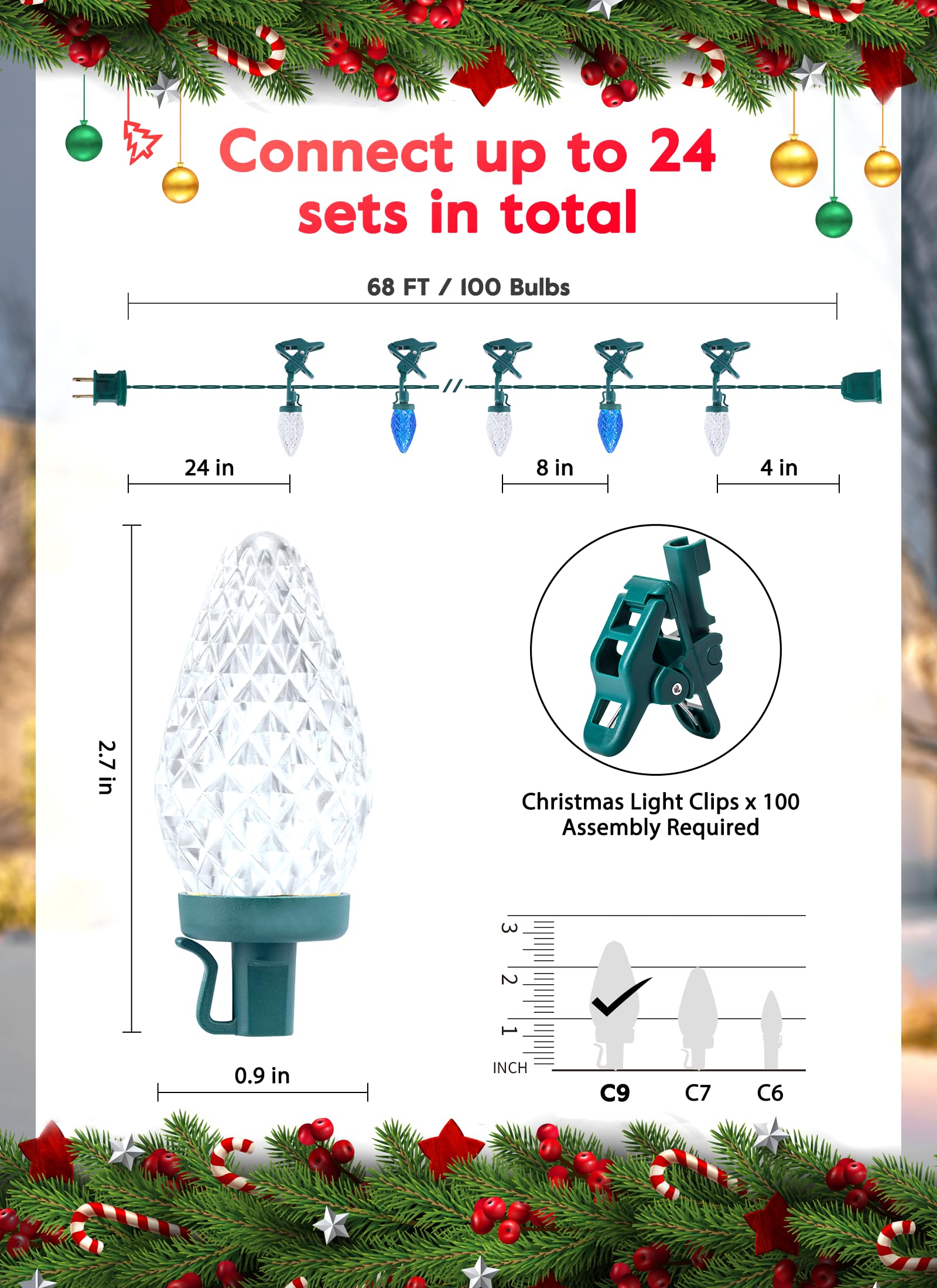 Minetom C9 LED Christmas Lights Outdoor, 68Ft, 100 LED, Waterproof, Blue & Pure White, Model GY-C9-X-33-3B