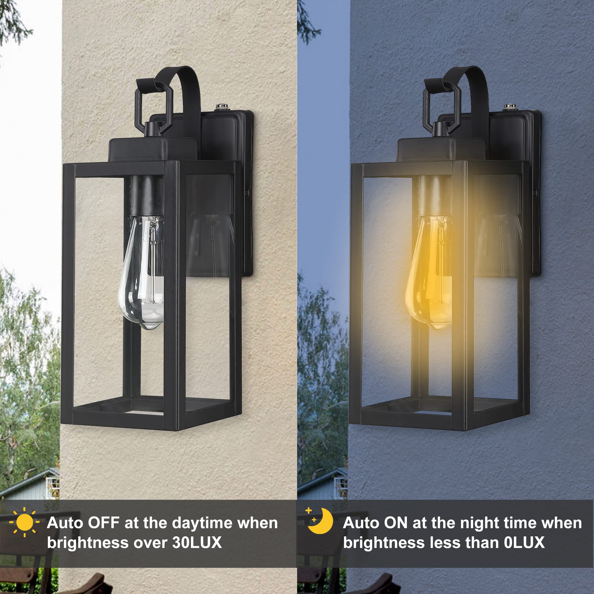 Pia Ricco Outdoor Wall Lights, Dusk To Dawn Matte Black Exterior Light Fixture With Clear Glass Shade, Photocell Sensor Front Po
