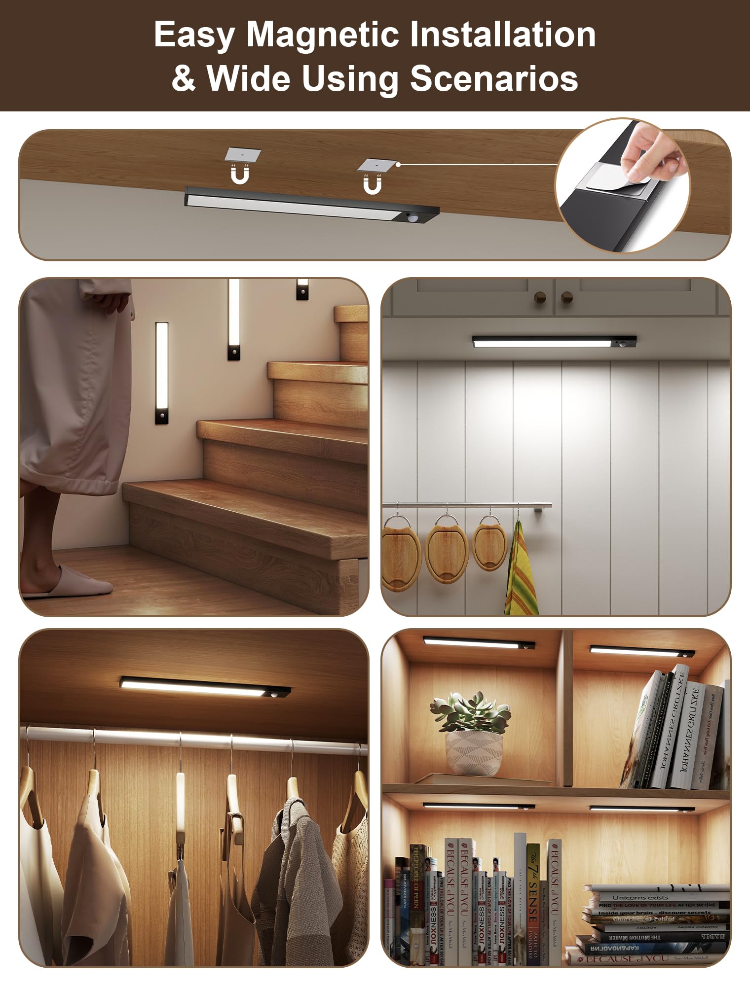 Tnight 5 Pack Under Cabinet Lights - 8" Magnetic Dimmable Wireless, Motion Activated, Black Plastic, Remote Control
