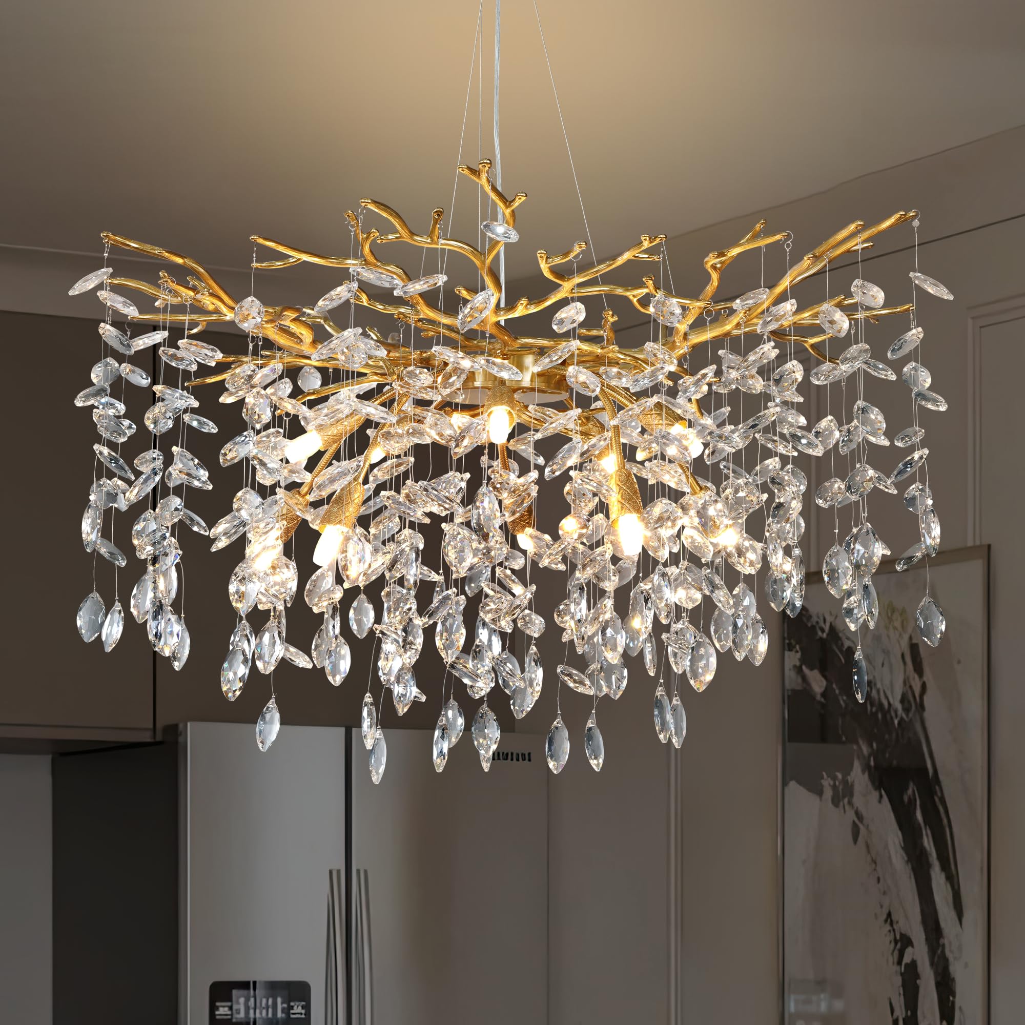 Yuyi Modern Crystal Chandelier, 30'' Gold Tree Branch Chandelier, 10-Light Round Chandeliers For Dining Room, Living Room, Kitch