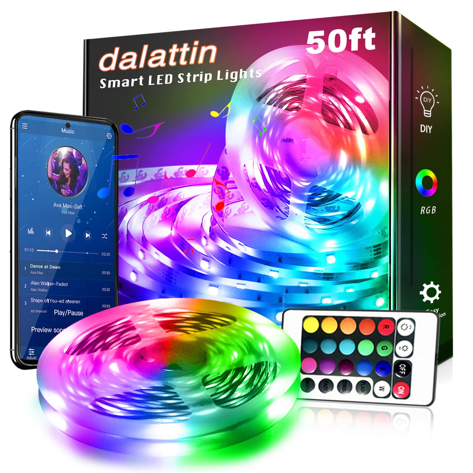 dalattin Led Lights for Bedroom 50 ft, Smart Led Strip Lights with App Control,5050RGB LED Light Strips with Remote Control,Musi