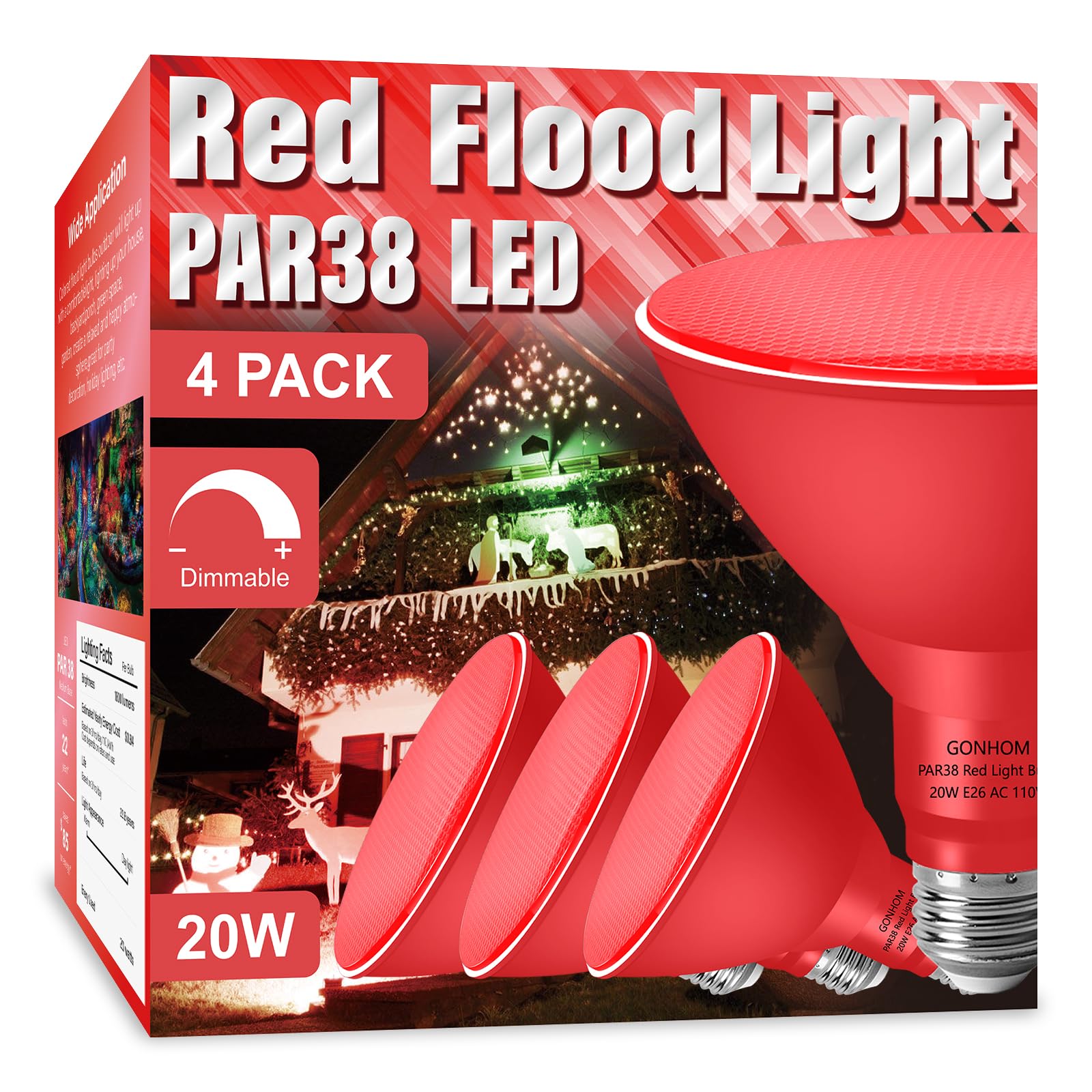 Gonhom 4 Pack Par38 Red Flood Lights, Dimmable 20W Led Bulbs For Outdoor Holiday Lighting