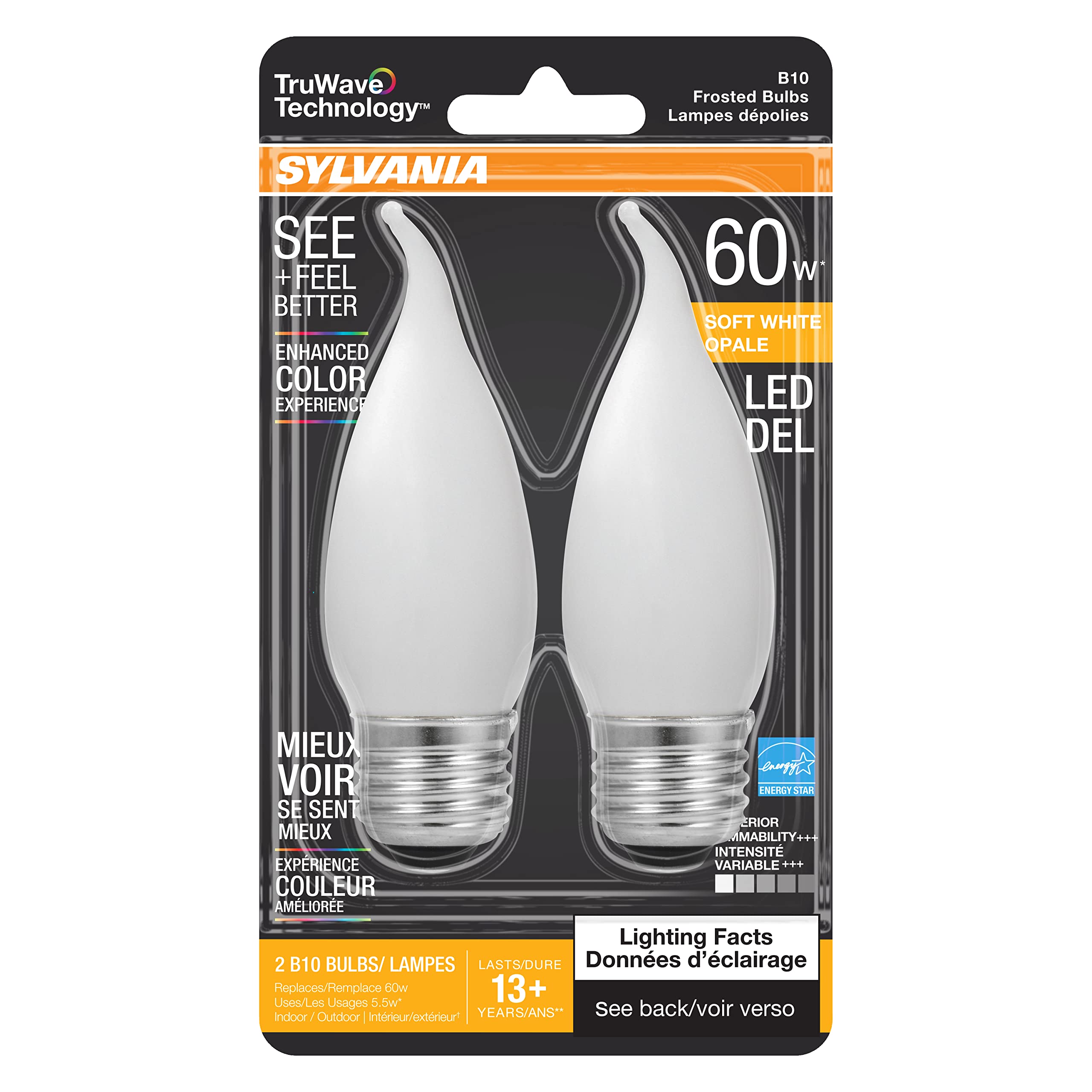 LEDVANCE Candelabra Light Bulb, 60W Soft White, Dimmable, Frosted, 2 Count, Model 40783