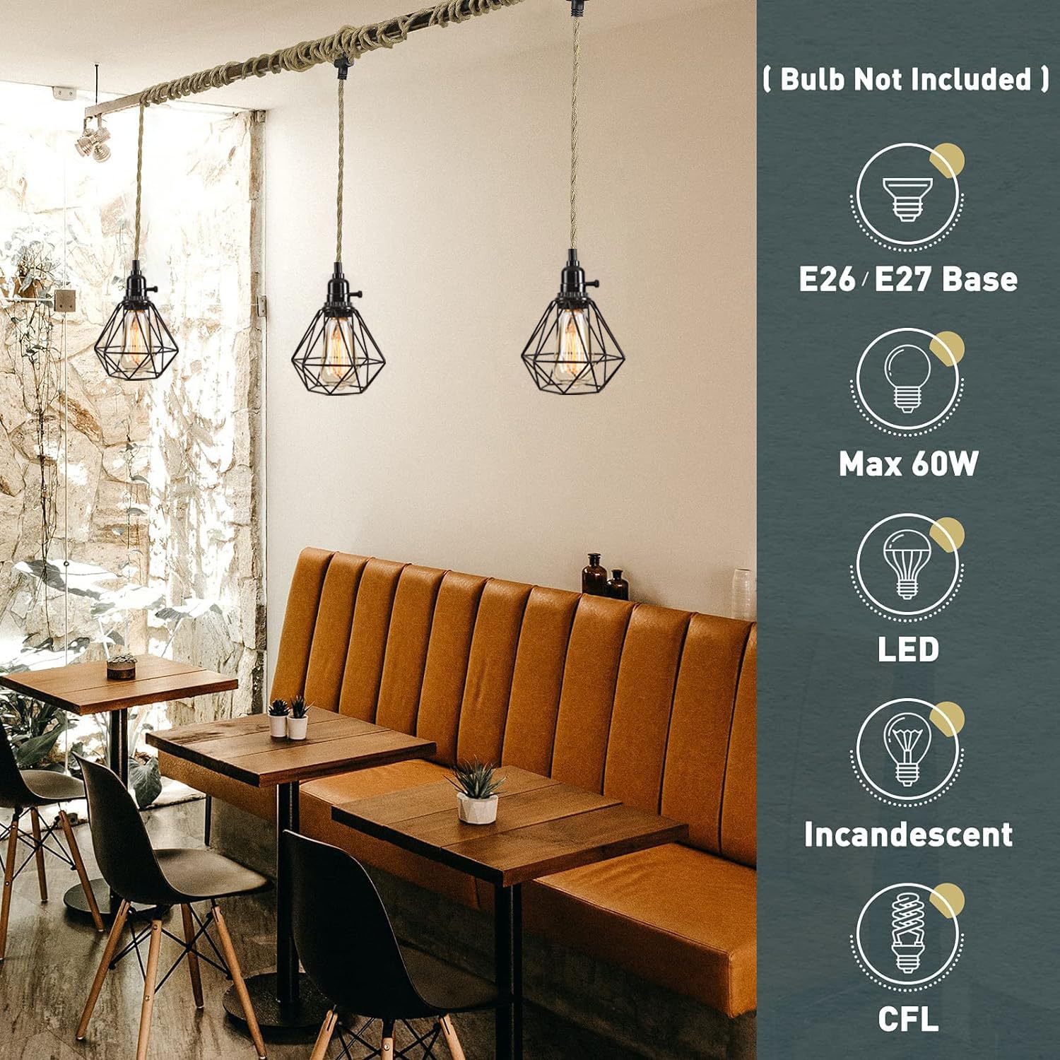 Kenmi 3-Light Hanging Light With Plug In Cord,Plug In Pendant Light 22Ft Hemp Rope Pendant Lighting Vintage 3-Light Metal Cage H