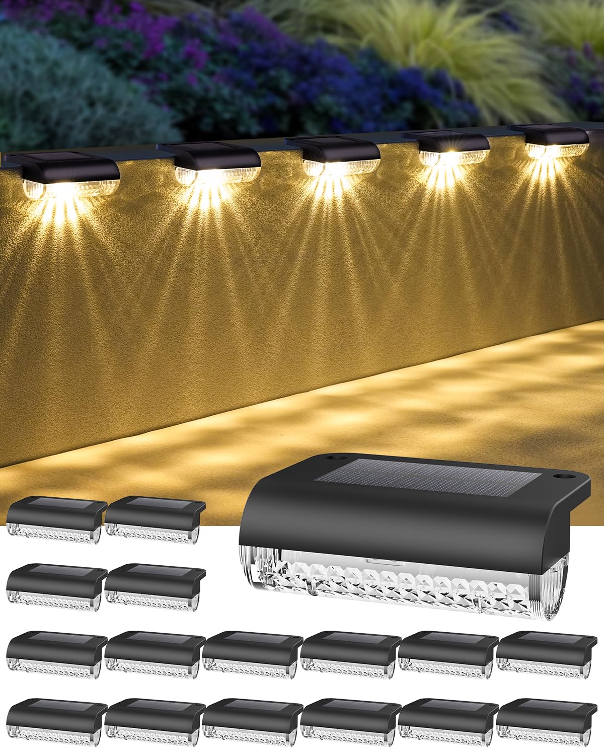 Herzla 16 Pack Solar Deck Step Lights, Solar Step Lights for Outdoor Stairs, 3000K Warm White, Auto Dusk-to-Dawn, Weatherproof, 