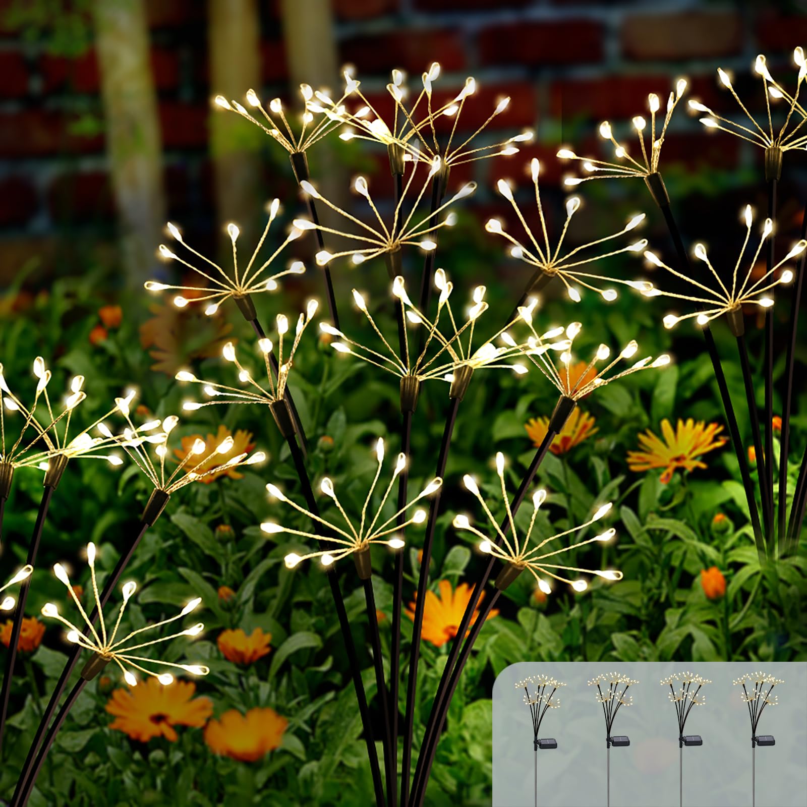Solar Garden Lights 4 Pack Twinkling Solar Firework Lights with 2 Modes 240LED, Solar Lights Outdoor Waterproof for Outside Yard