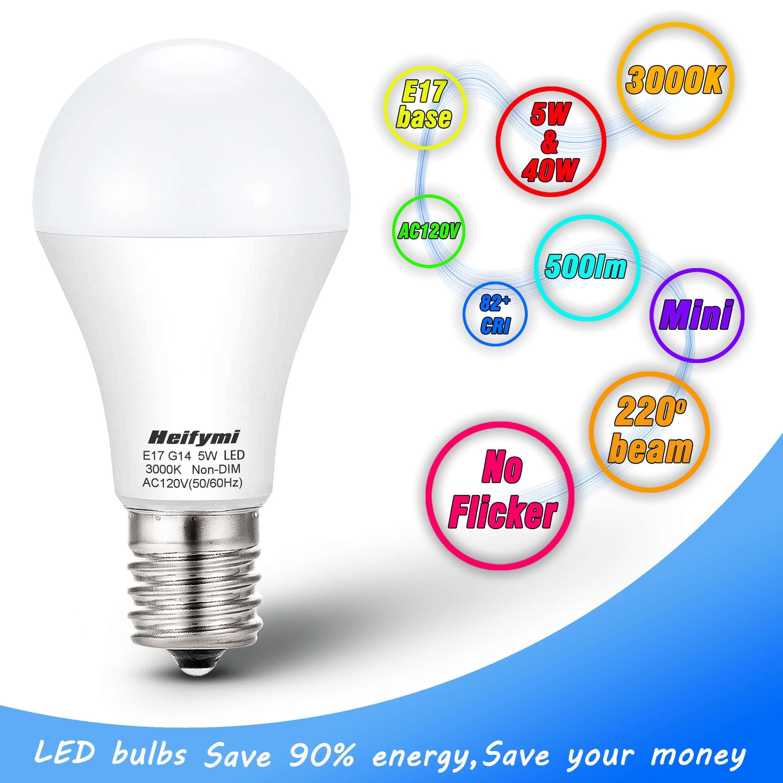 Heifymi E17 Intermediate Base Led Bulbs, 3000K Warm White, 5 Watts(40W Equivalant), 500 Lumens, Non-Dimmable For Ceiling Fan Cha