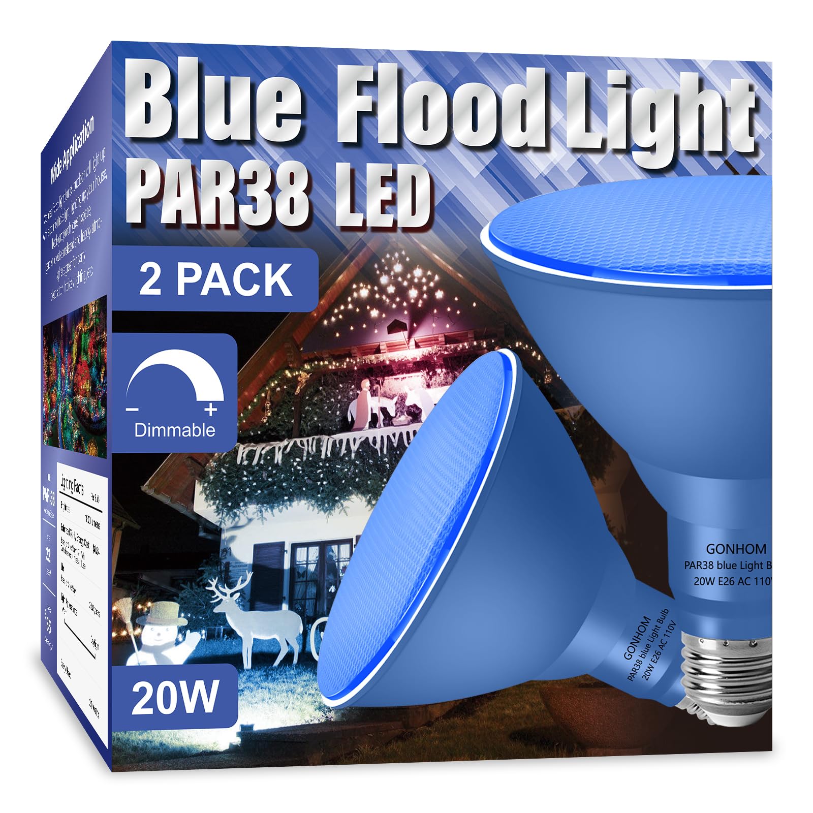 Gonhom 2 Pack Par38 Blue Led Light Bulbs, Dimmable, 20W, E26 Base, Outdoor Indoor, Christmas Lighting, 1800 Lm, Long Lifespan